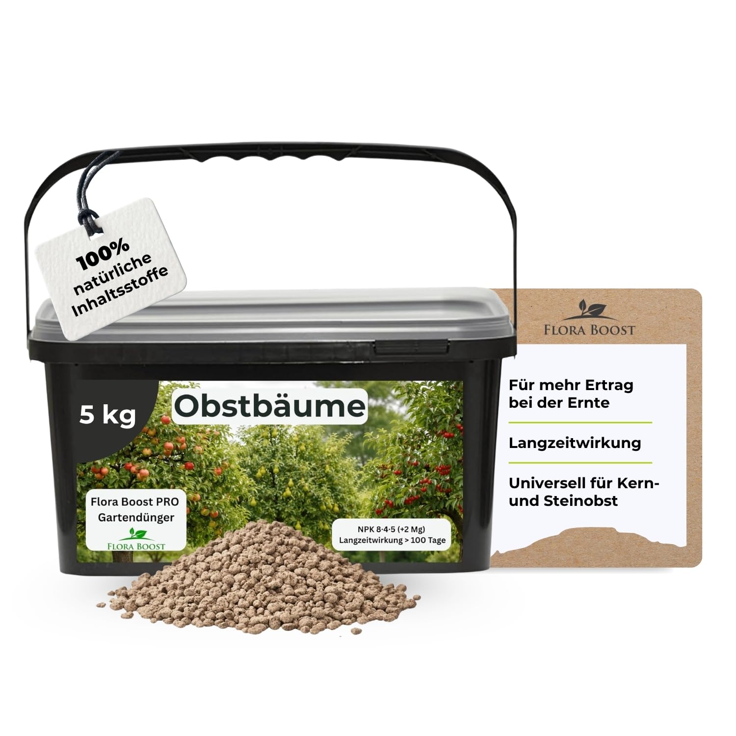 Flora Boost PRO Obstbaum Dünger Langzeitwirkung I NPK 8-4-5 Granulat für Apfel-, Birn-, Kirsch- & Pflaumenbäume I Organisch-mineralischer Baumdünger für gesundes Wachstum & reiche Ernten