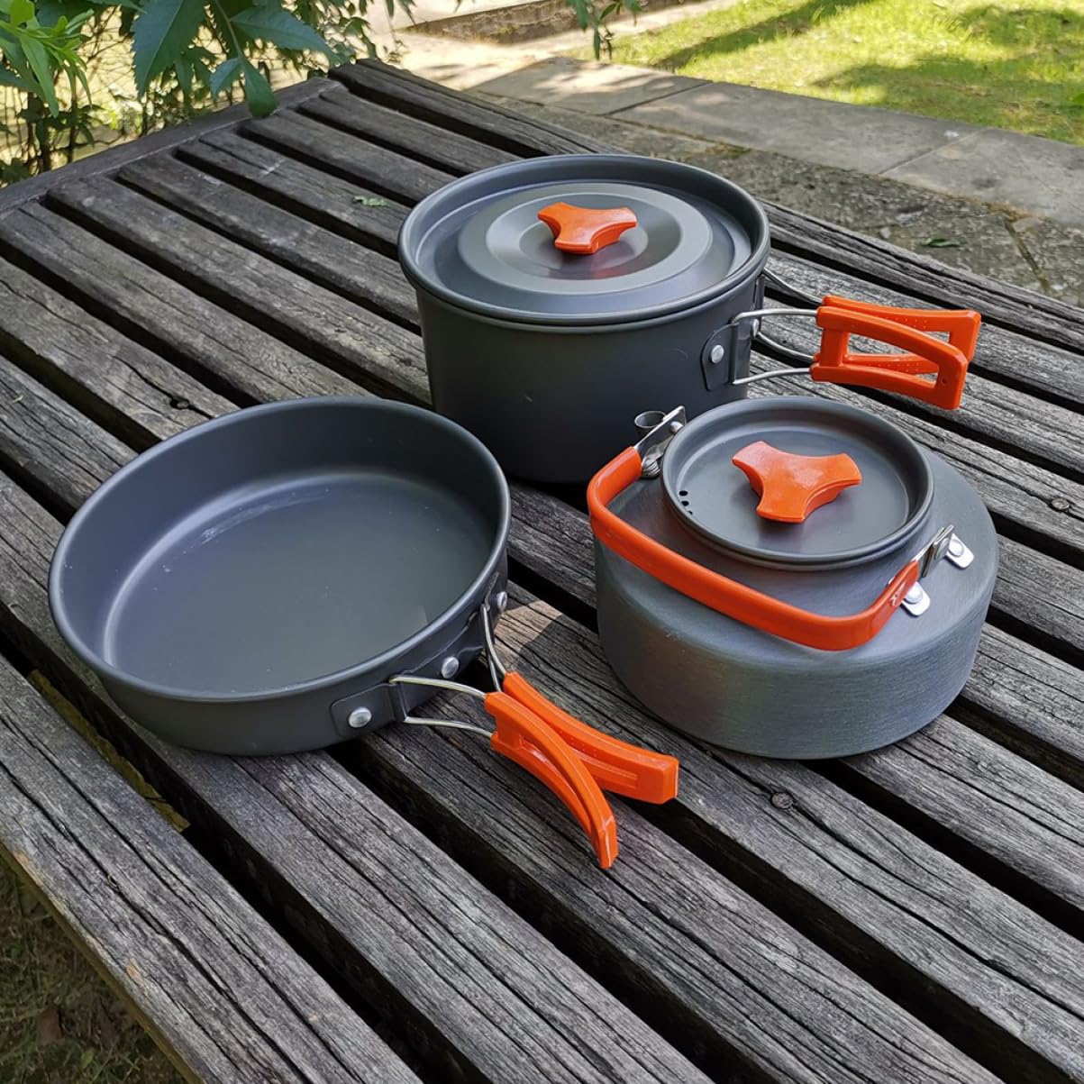 WOONEKY Lega di Alluminio Set 3 Pezzi Pentole da Campeggio per 2-3 Persone