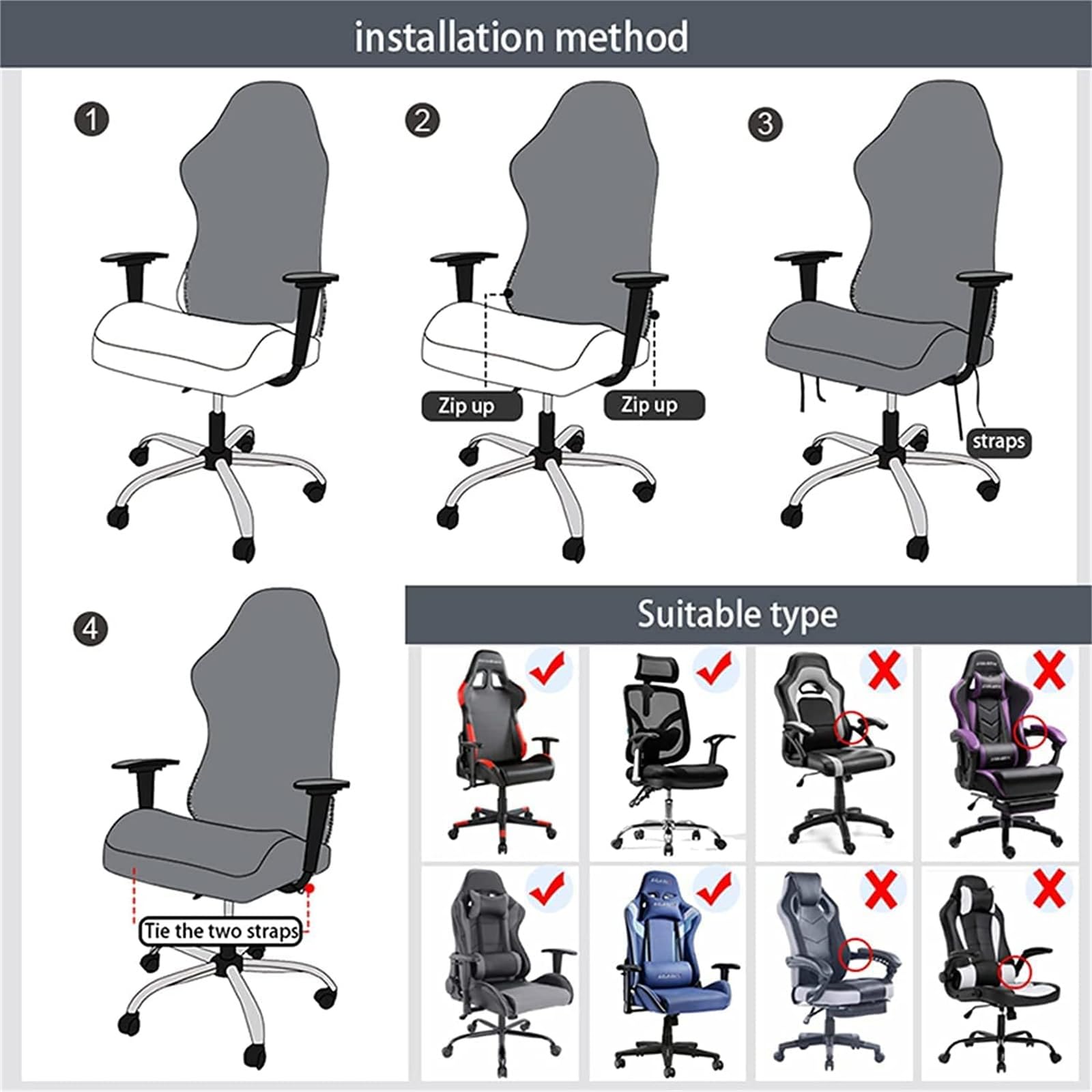 Housses de Chaise de Gaming,Housses de Chaise de Jeu Extensible 4 pièces,Housse de Chaise de Bureau avec Accoudoirs/Dossier de Chaise,Housse de Fauteuil Rotatif,Pas de Chaise-Black