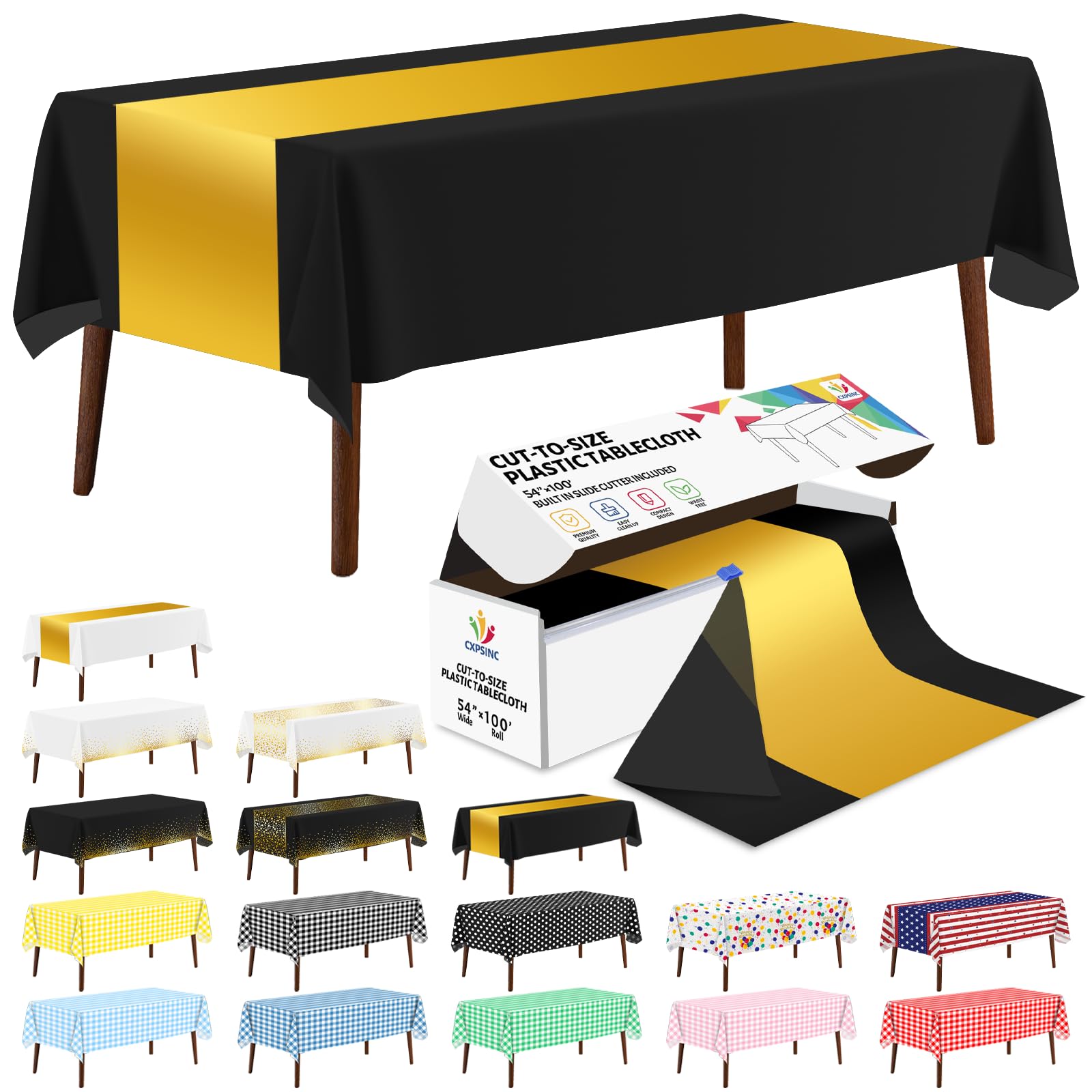 CXPSINC 54 Inch X 100 Feet Plastic Table Cover Roll Disposable Tablecloth with Slide Cutter for All Type/Shape Tables | Party, Banquet, Birthdays, Weddings(Black & Glod, 100 Feet) โ image 1