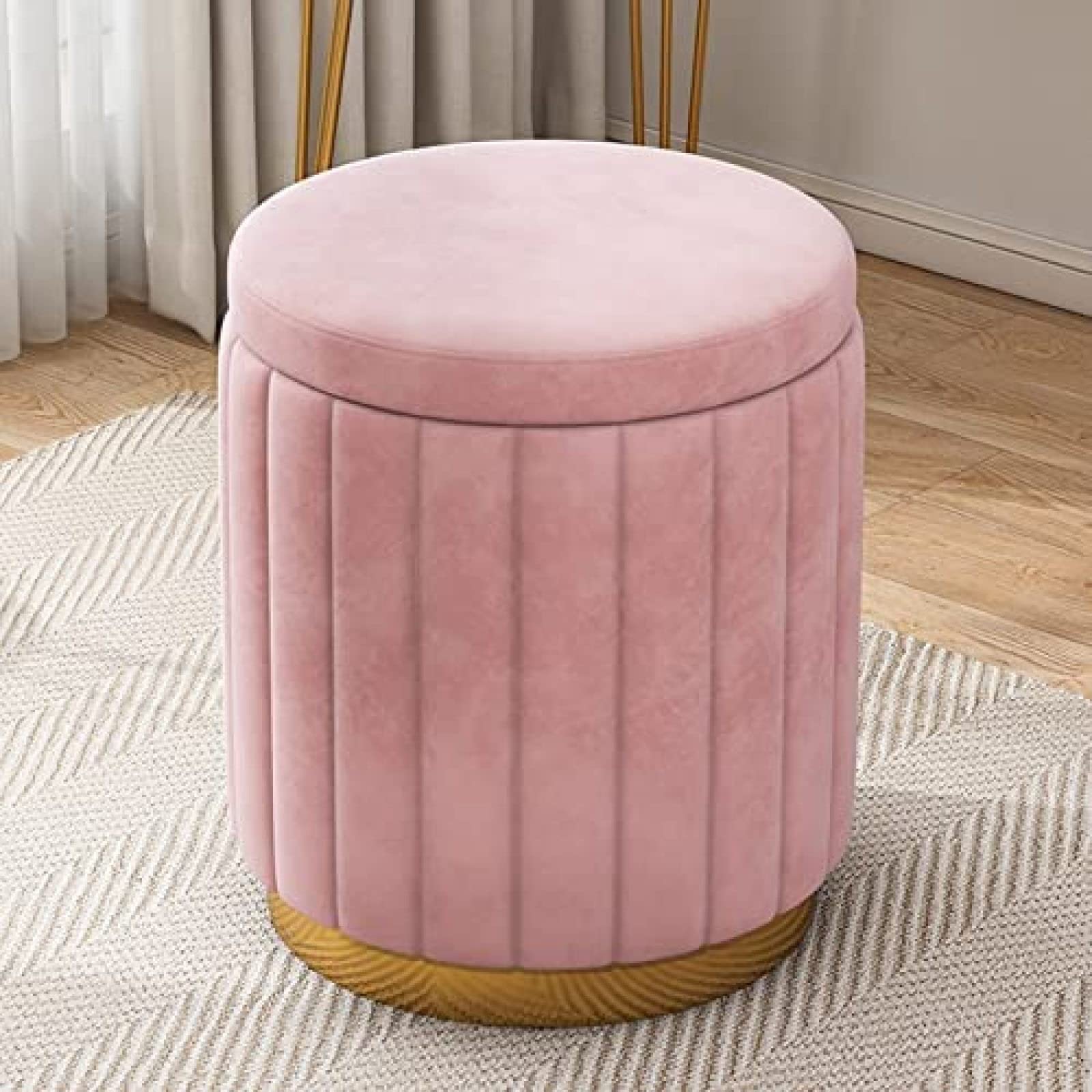 LMMIAOZ Luxury Pink Velvet Storage with Gold Base Large Capacity Upholstered Foot Rest Stool for Vanity 34X34X45Cm