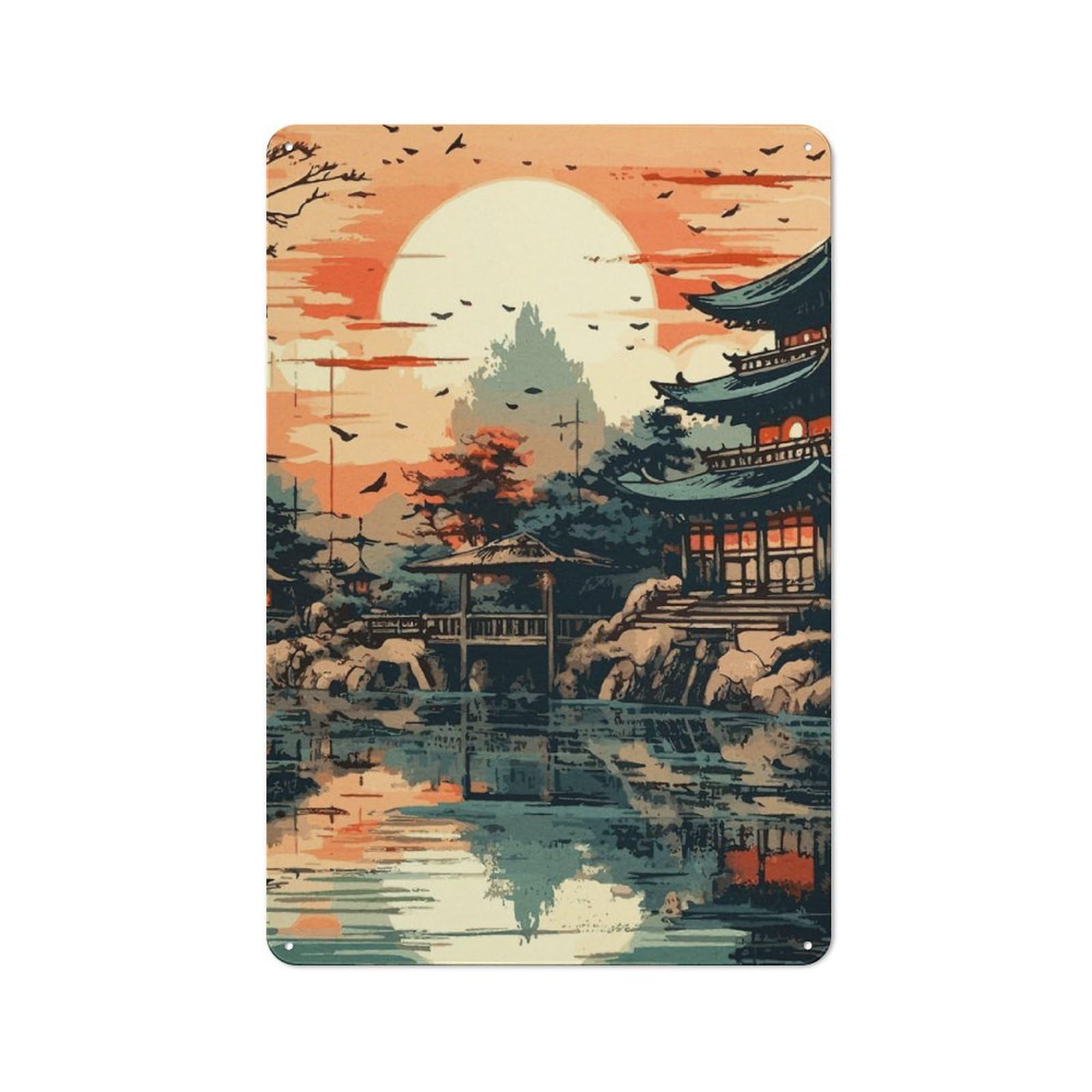 Tin Wall Plaque 30x20cm with Japanese Landscape for Hallway Wall, with Clear Retro Wall Decor Character