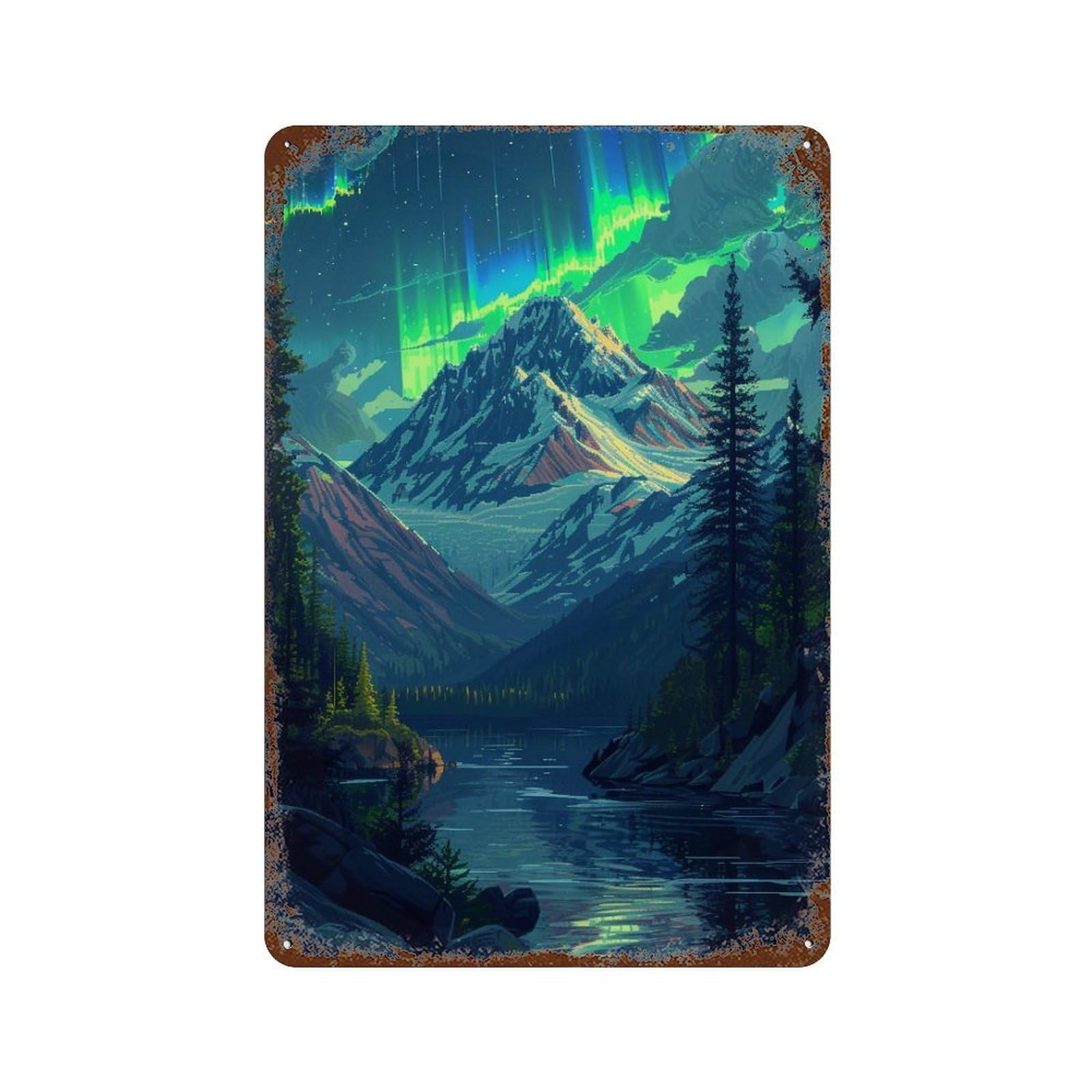Aurora Borealis Mountain Lake Decorative Tin Sign 11.8"x7.9", Rustic Home Decor for Cafe, Home Bar And Lounge Decor