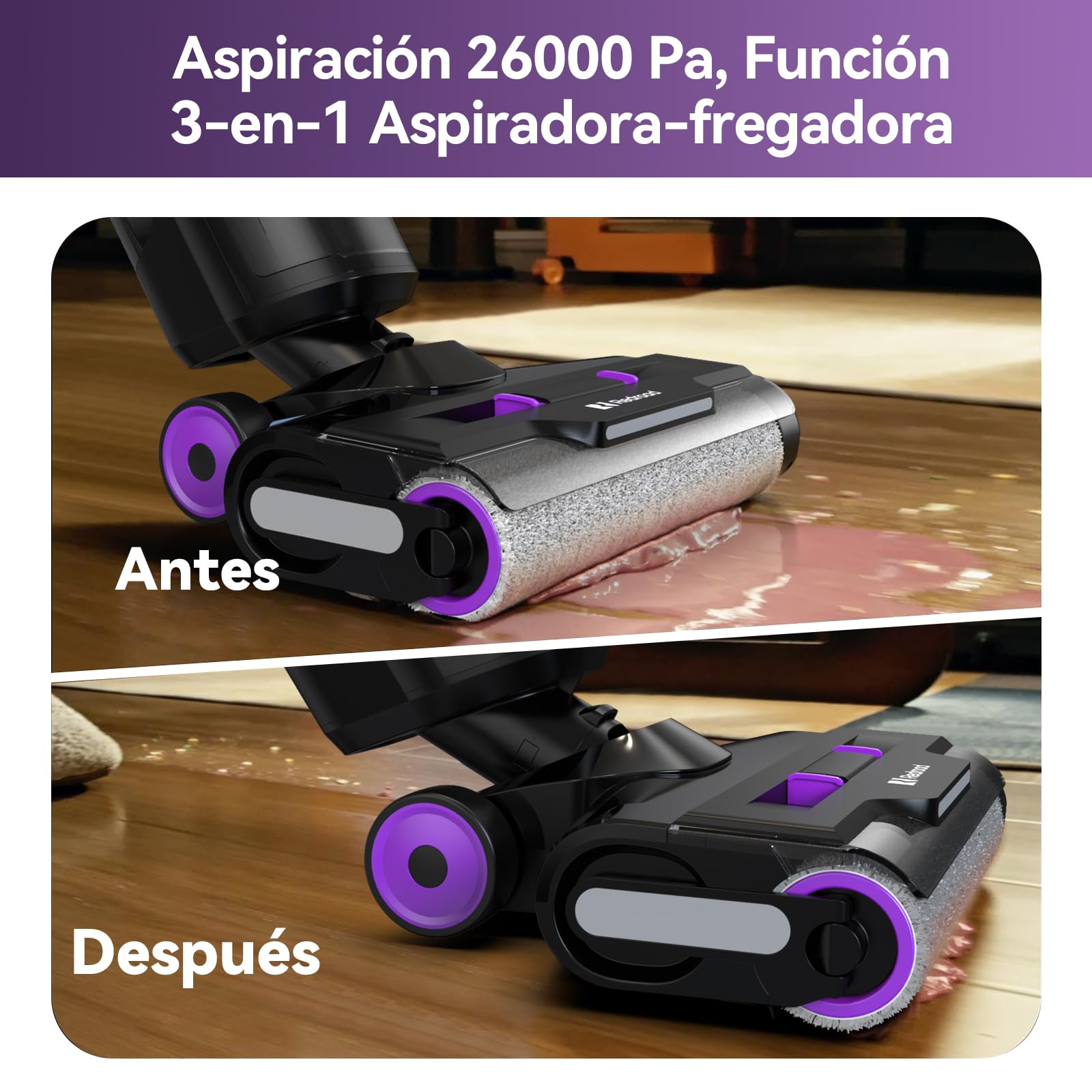 Redkey W15 Aspiradora Fregadora Sin Cable en Seco y Húmedo, 26.000 Pa, Autolimpieza y Fregado, 910ml Doble Depósito, 3 Modos, 6mm Limpieza de Bordes, Pantalla LED, para Pelos de Mascotas y Suelos