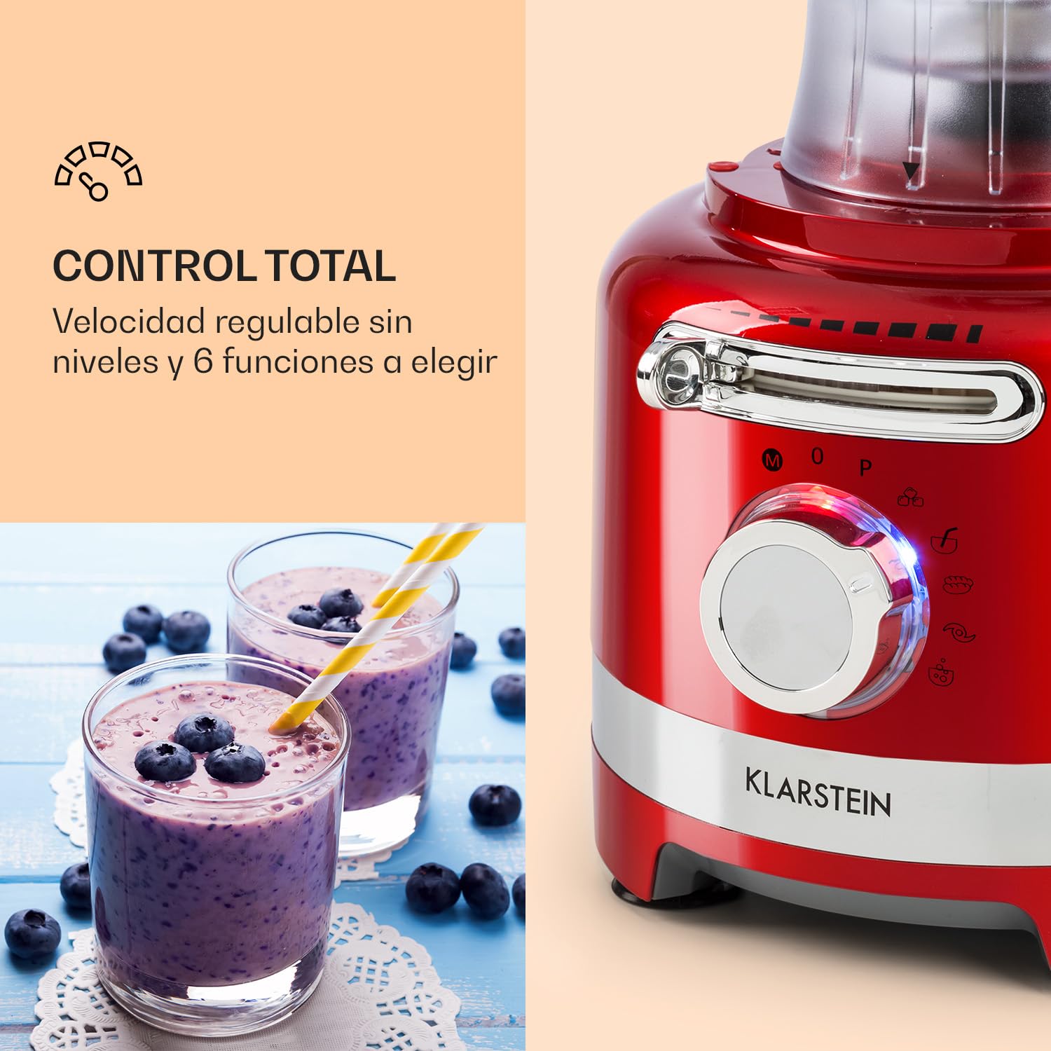 Klarstein Luca Batidora multifunción, Picadora, Rallador, Exprimidor, Food Processor, 1000 vatios, regulación continua, 6 modos, sin BPA, 3 litros, vaso medidor 3 l, espátula, Rojo