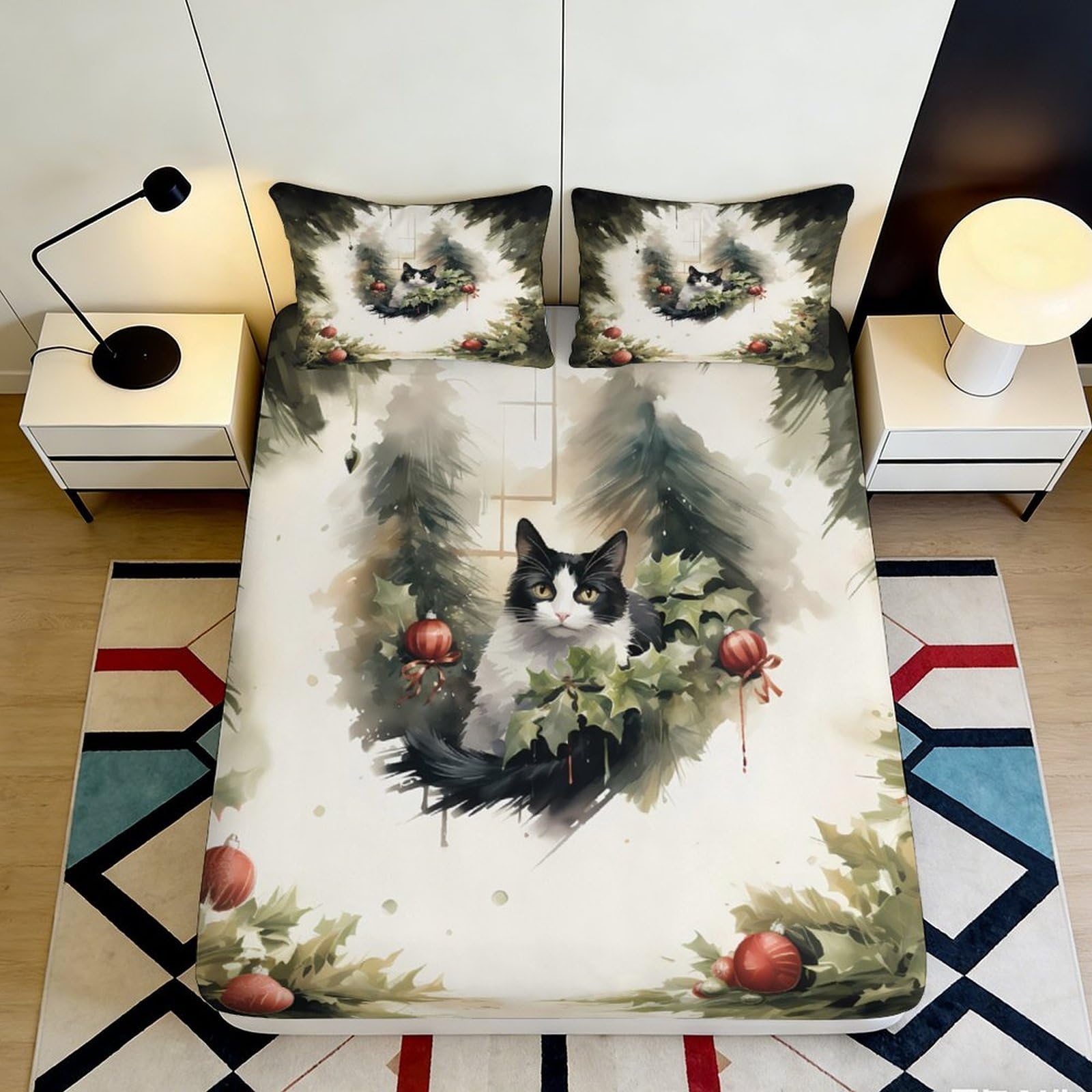 3D Printed Forest Cat Fitted Sheet Microfiber Non-Slip Deep Pocket Forest Cat Mattress Fitted Cover Washable for Bedding 90x200x25cm