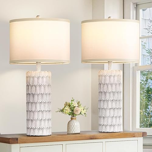 26" Farmhouse Table Lamps for Bedrooms Set of 2, Traditional Bedside Nightstand Lamp with Resin Body and White Fabric Shade, Rustic Lamps for Living