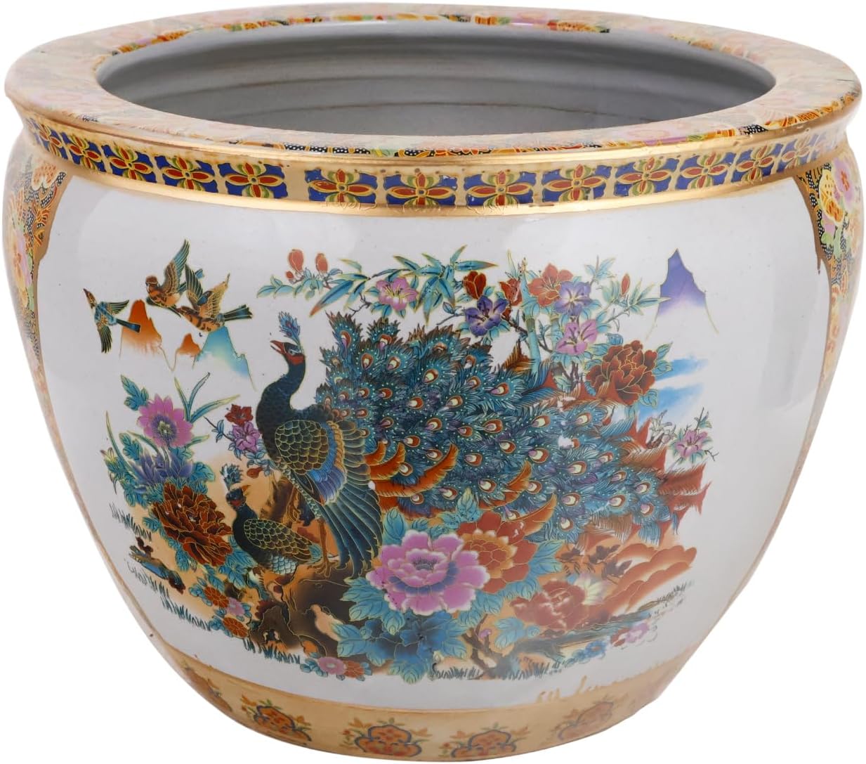 Japanese Satsuma Peacock Planter (12"W x 9 "H, Base 7.8"W)