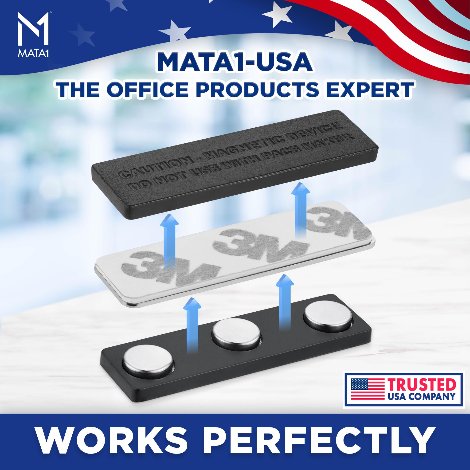 Mata1-USA No-Pin Name Tag Magnets - 100 Pack, 1.75 X 0.4 Inches, With 3 Extra-Strong Neodymium Magnets