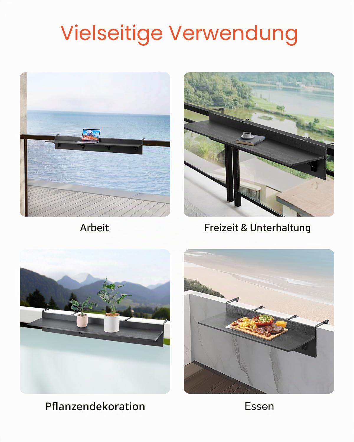 VEVOR Balkontisch, 1500x300 mm, klappbarer Balkonhängetisch, Klapptisch für den Außenbereich, 22 kg Tragkraft, passend für Geländer von 2,54 bis 15 cm, Serviertisch für Terrasse und Deck