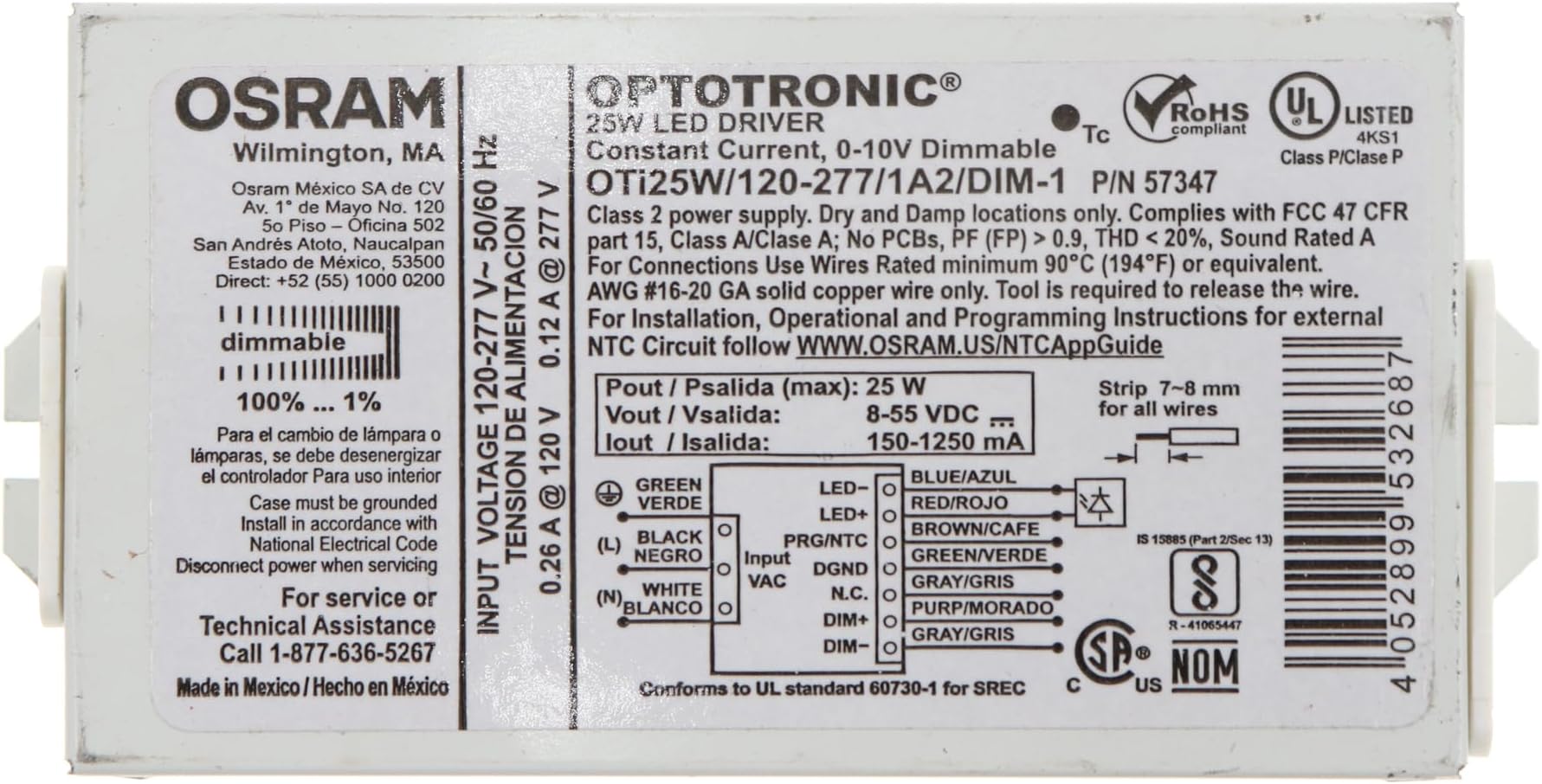 57347-25 watt 120/277 Volt Dimmable LED Driver (OTI25W/120-277/1A2 DIM-1)