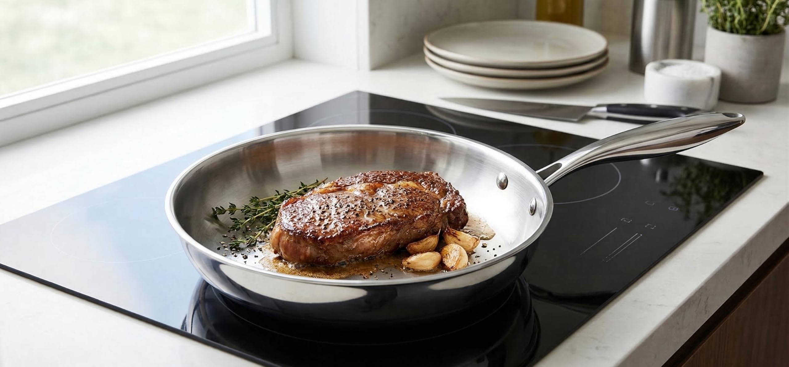 Poêle Inox 18/10 Triply – 32 cm – Sans Revêtement – Sans PFAS, PFOA, PTFE – Compatible Tous Feux Dont Induction – Manche Riveté Froid – Cuisson Saine et Durable