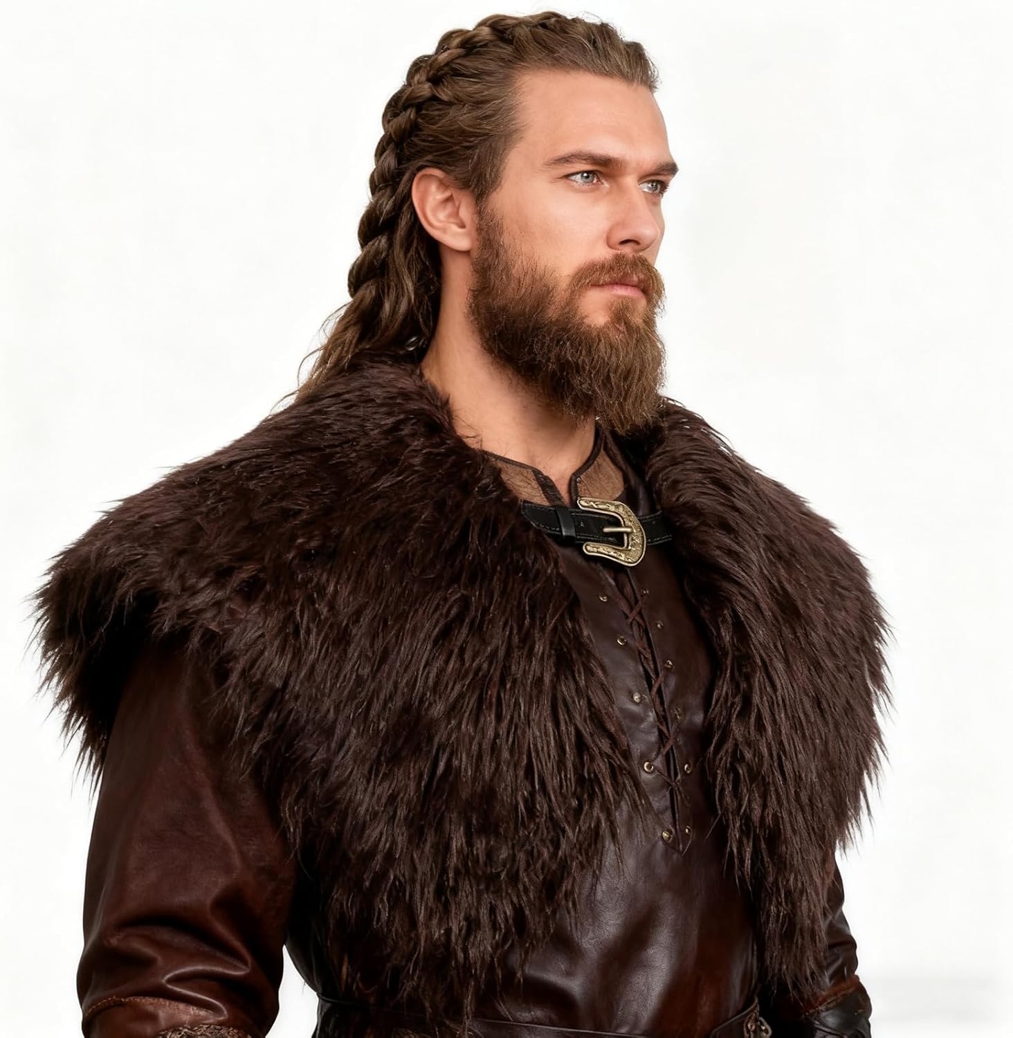 L'VOW Men Viking Fur Shawl Medieval Faux Fur Mantle Shoulder Wrap Collar Warrior Renaissance LARP Cosplay Costume - Image 2