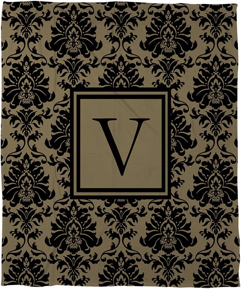Manual Woodworkers & Weavers Coral Fleece Throw, 30 by 40-Inch, Monogrammed Letter V, Black and Gold Damask