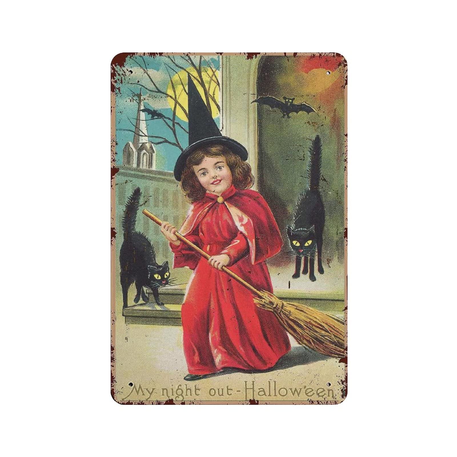 rayprint Metal Tin Sign Witch Girl Halloween Tin Sign Metal Aluminum Sign Vintage Wall Decor Retro Poster for Bars Restaurants Cafes Pubs Home Decoration 12"x8"
