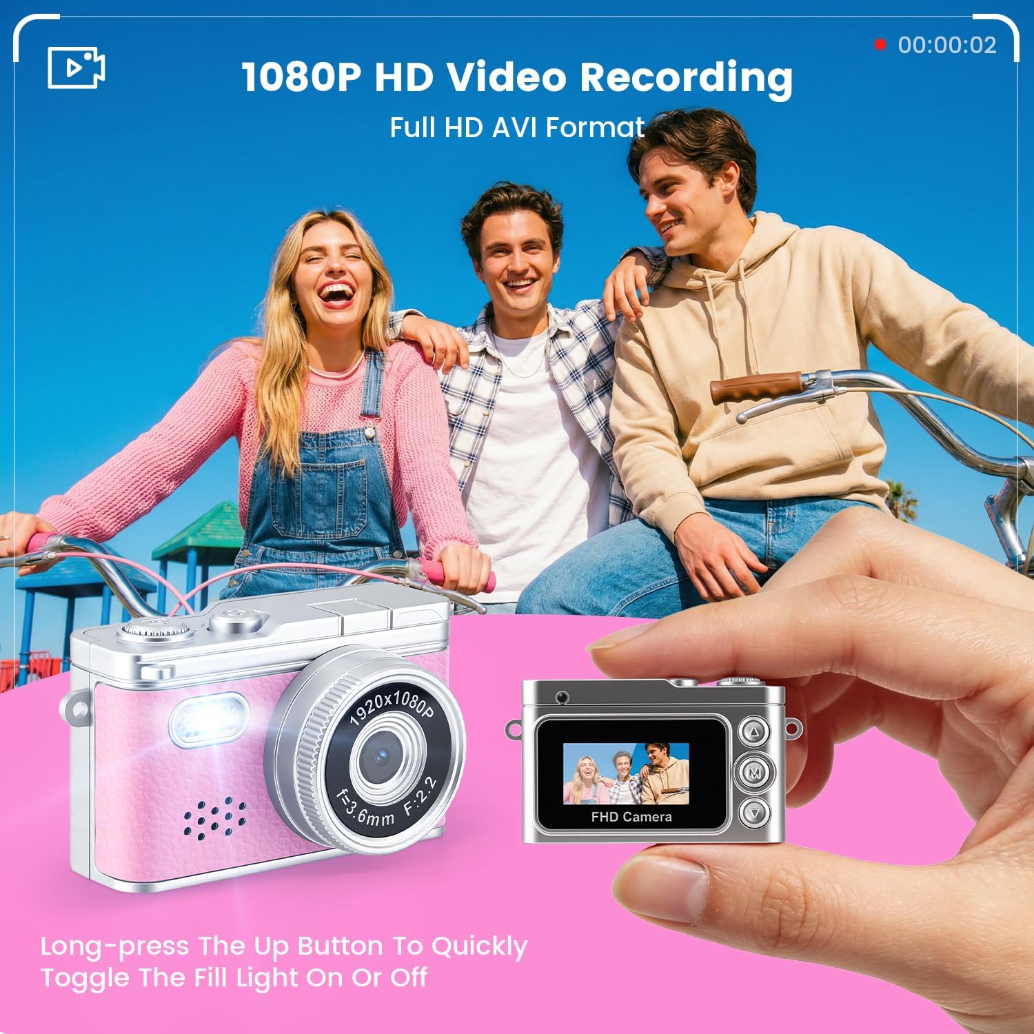 Mini Keychain Camera, 1080P Y2k Retro Camcorder with 0.96" Screen, Teens Portable Video Recorder for Vlog&Party&Gifts, Small Vintage Pocket Keychain Digital Camera with Flash, 32G SD Card, Type-C,Pink