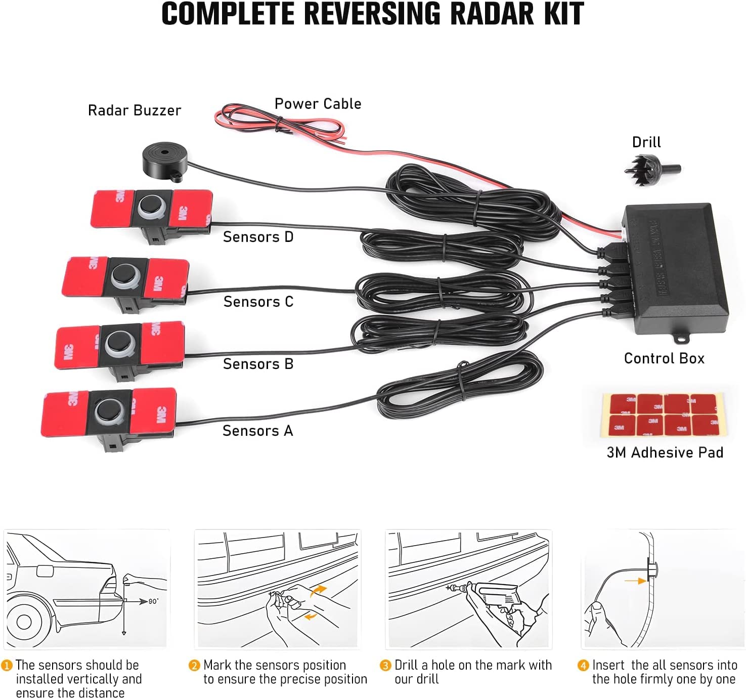 Kit 4 Sensori Parcheggio Posteriore Auto Con Allarme Sonoro - Radar Ultrasuoni 110° Per Sicurezza