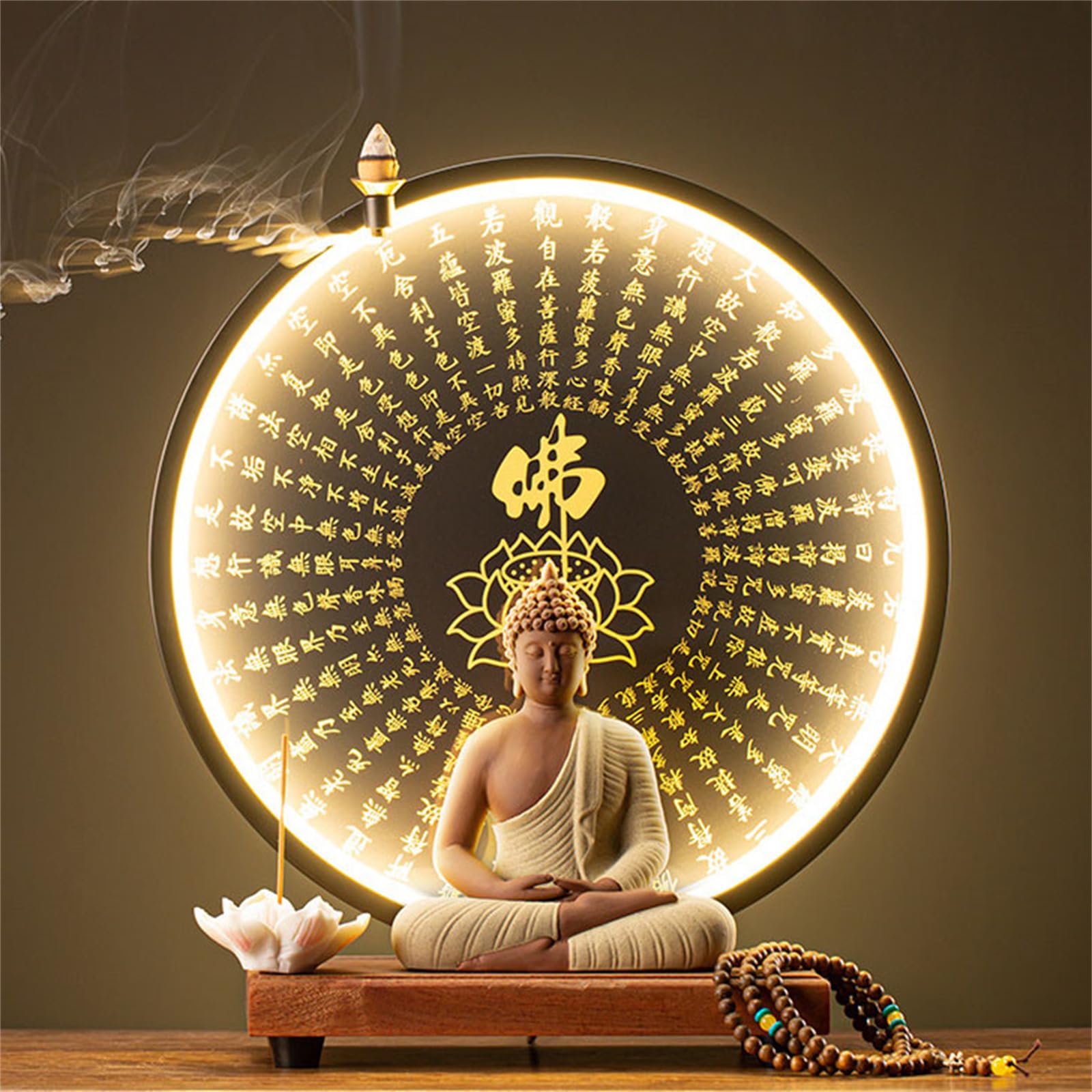 Large Buddhist Statue with Artificial Tree And LED Circle Table Buddha Figure Lamp Wall Light 3D Mural Sconce Lamp Zen Light Wall Decor Hanging Artwork Wall Art for Living Room Incense Porch