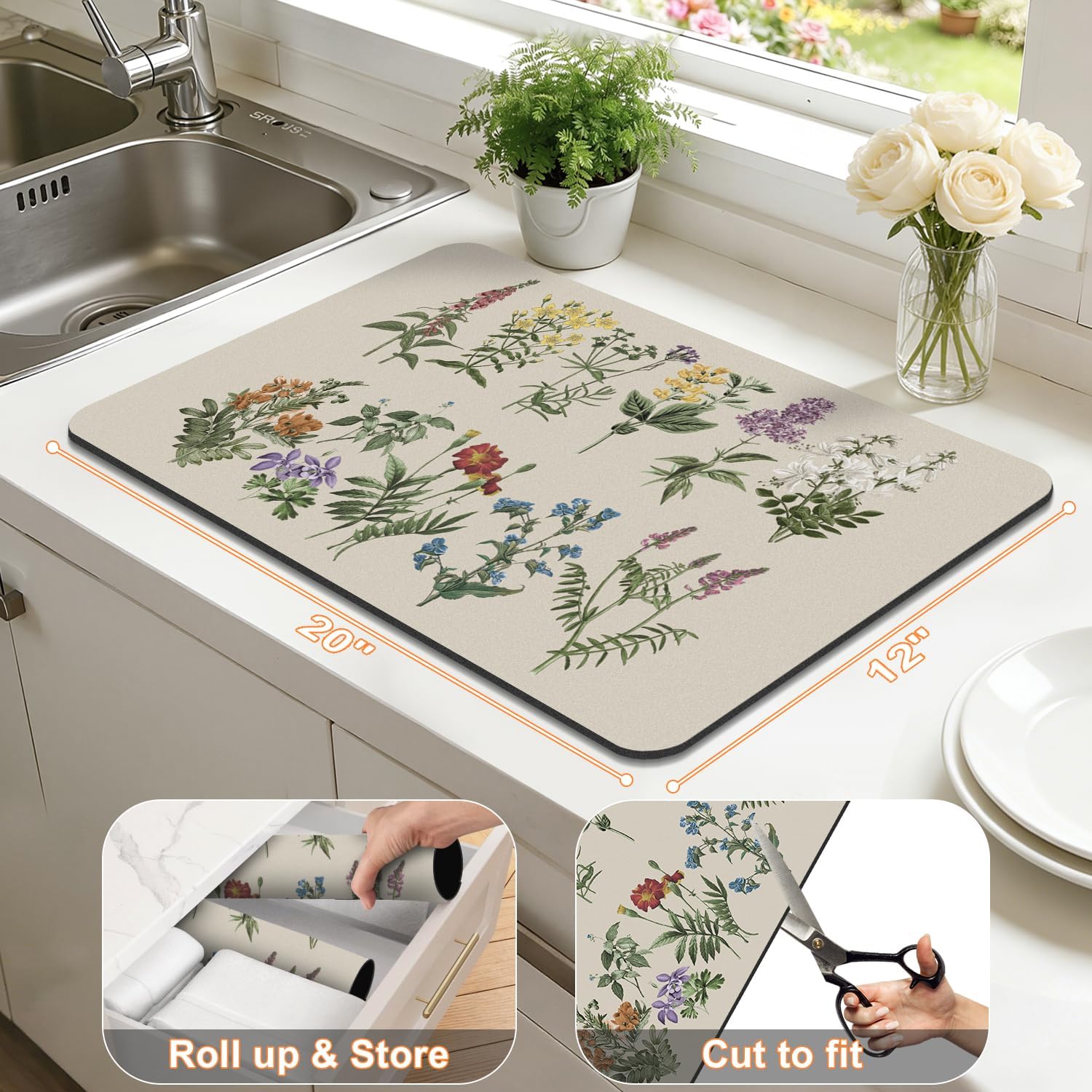LOKHOM Dish Drying Mat for Kitchen Counter, 12"x20" Absorbent Coffee Bar Mat with Vintage Sage Flower Herbs, Dish Drainer Rack Mat for Kitchen Counter