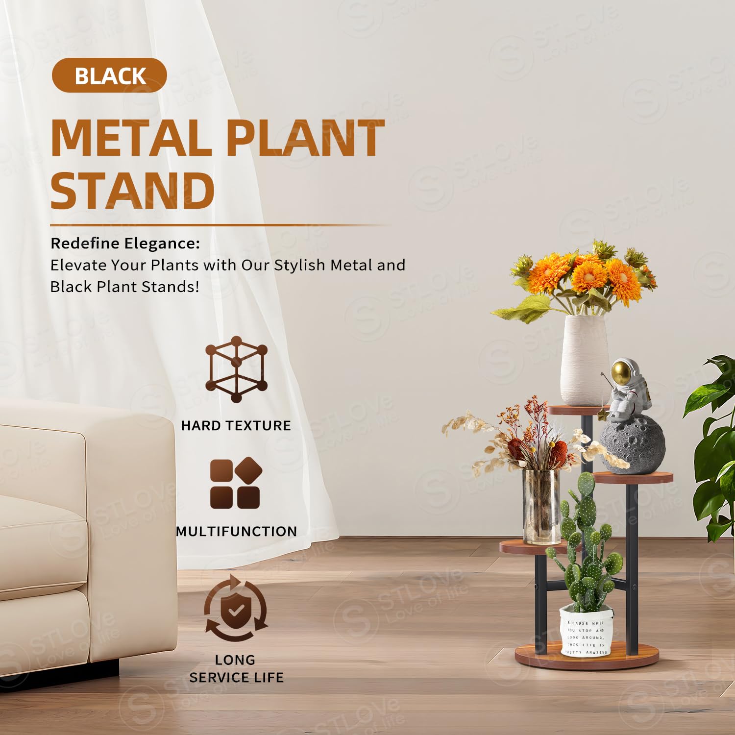 STLOVe Modern Plant Stand, 3 Tier Tall Garden Flower Stand, Decor Corner Shelf Planter Holder (Pot Not Included)-Mahogany - Image 3