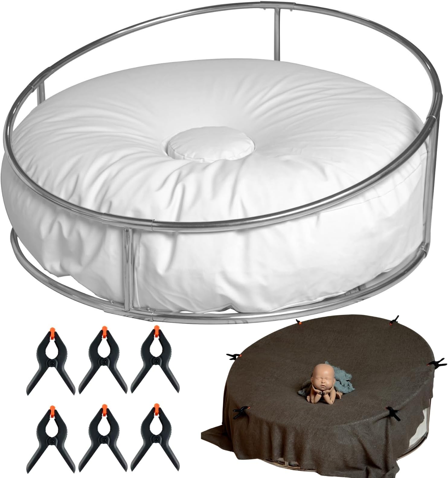 Newborn Posing Table and Beanbag(Unfilled) Round Newborn Photography Stand with 6 Clamps Baby Photoshoot Stand Backdrop Frame Infant Stainless Steel Background Station for Newborn Photo Sessions