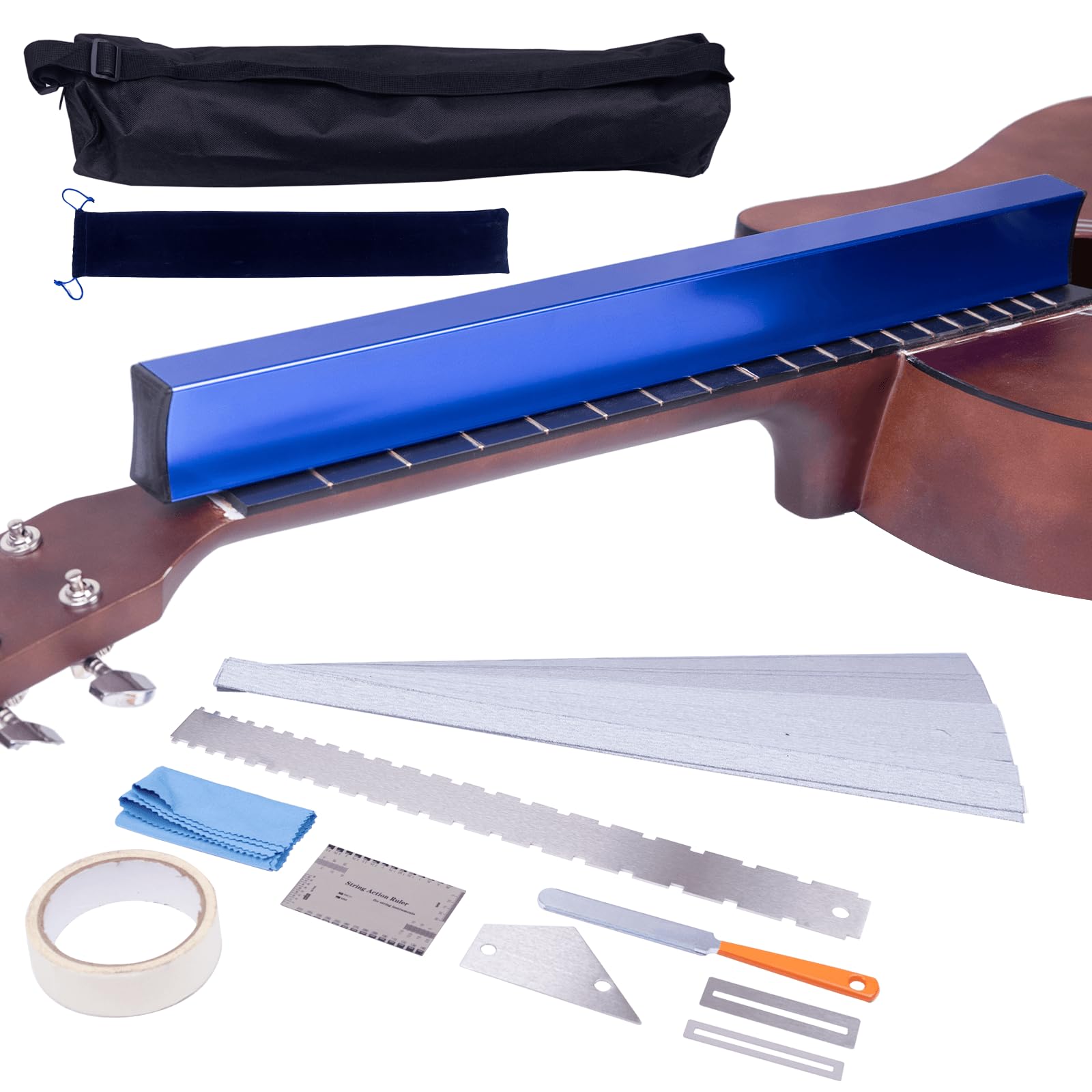 Complete Fret Leveling Kit with 18" Beam, Notched Ruler, Sandpaper (120–1000 Grit), Fret Rocker, Crowning File &amp; Guitar Setup Tools – Guitar &amp; Bass Maintenance Kit