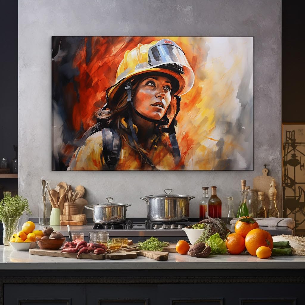 Canvas for Living room. Blazing Bravery: The Female Firefighter's Resolve in Digital Artistry, 27 x 18 inch Canvas Wall Art - Ready to Hang - 69x46 cm (27x18 inch)