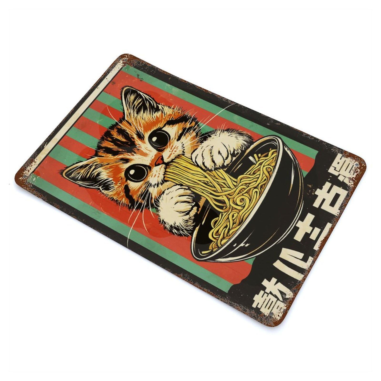 Cat Eating Ramen Rusty Metal Tin Sign 11.8"x7.9", Ideal for Pub, Kitchen And Man Cave Decor