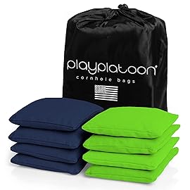 Play Platoon Weather Resistant Cornhole Bags - Set of 8 Regulation Corn Hole - Navy Blue & Lime Green - Durable Duck Cloth Corn Hole for Tossing Game, Includes Tote Bag