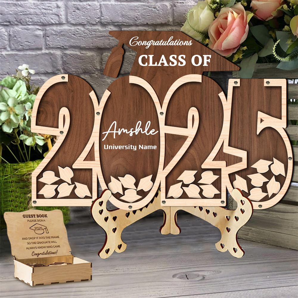HNfmeug Personalized Wooden Graduation Guest Book Alternative, Custom Name Class of 2025 Grad Cap Graduation GuestBook Signature Decor, College Guest