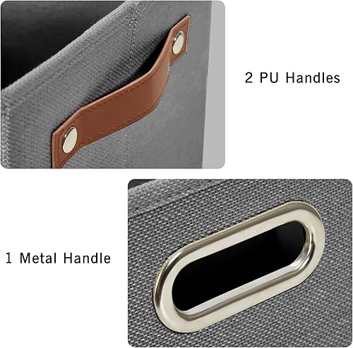 Miniatura 4 de Paquete de 3 contenedores plegables de tela con asas duraderas de poliuretano y metal, cestas de almacenamiento plegables para estantes,