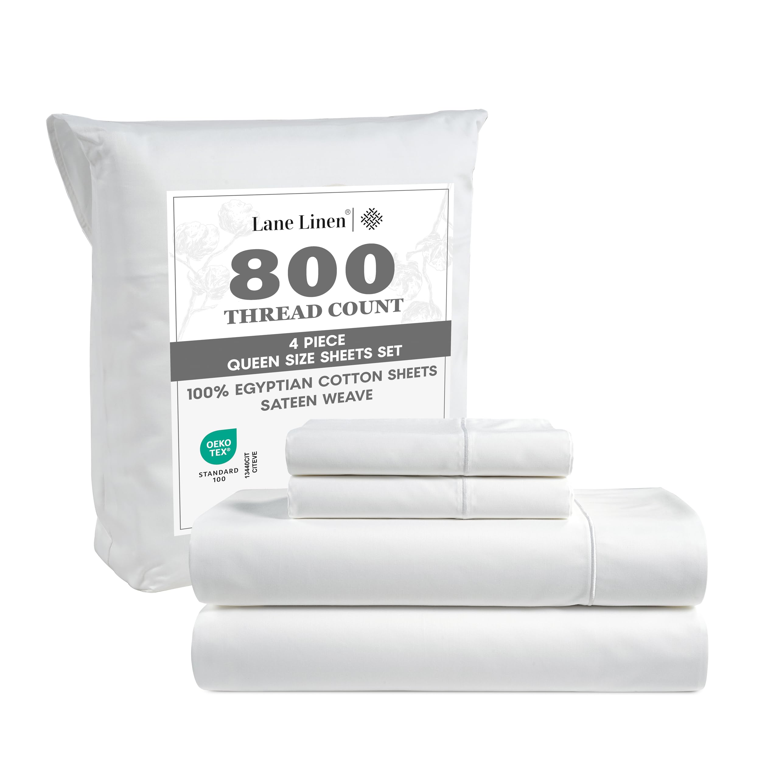 LANE LINEN 100 Egyptian Cotton Sheets Queen Size - 800 Thread Count White Bed Sheets for Queen Size