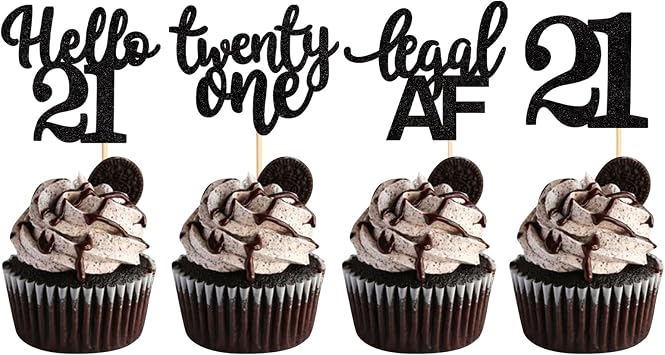 24 Pack 21st Birthday Cupcake Toppers Hello 21st Twenty one Legal 21st Cupcake Picks for 21st Birthday Wedding Anniversary Party Cake Decorations Supplies 21 black