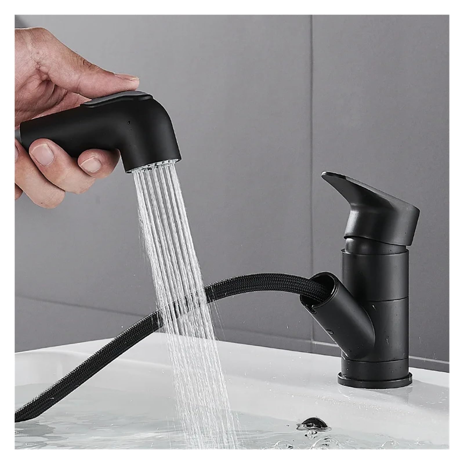 Robinet de lavabo extractible pour salle de bain, mitigeur noir en laiton avec 2 tuyaux inclus
