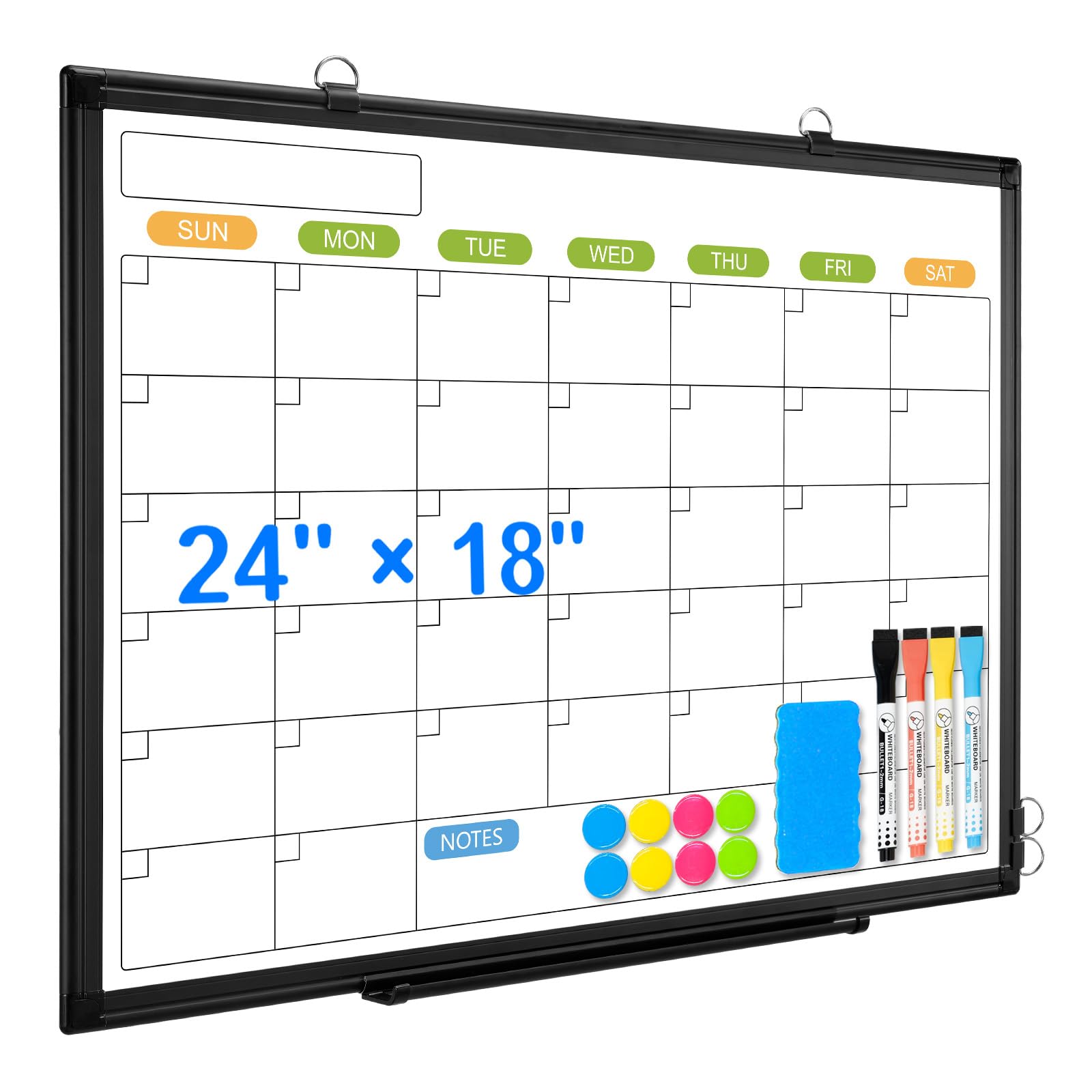 Dry Erase Calendar Whiteboard for Wall, 24" x 18" Magnetic Monthly White Board Calendar Dry Erase, Black Aluminum Frame Wall Hanging Calendar Board for Planning, Home, School, Office