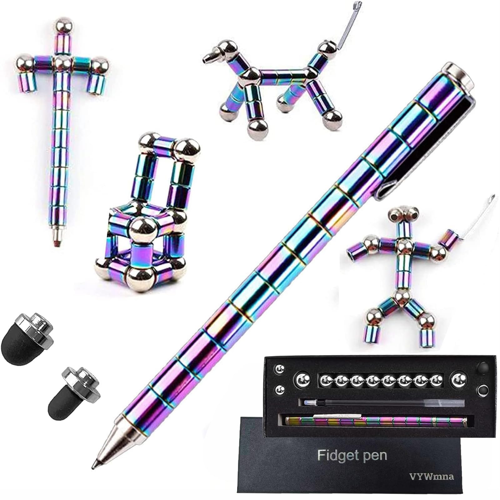 VYWmna Fidget Pen for Adults Kids,Fidget Toy Decompression Magnetic Metal Pen, Desk Toys Multifunctional Deformable Magnet Writing (Colorful)