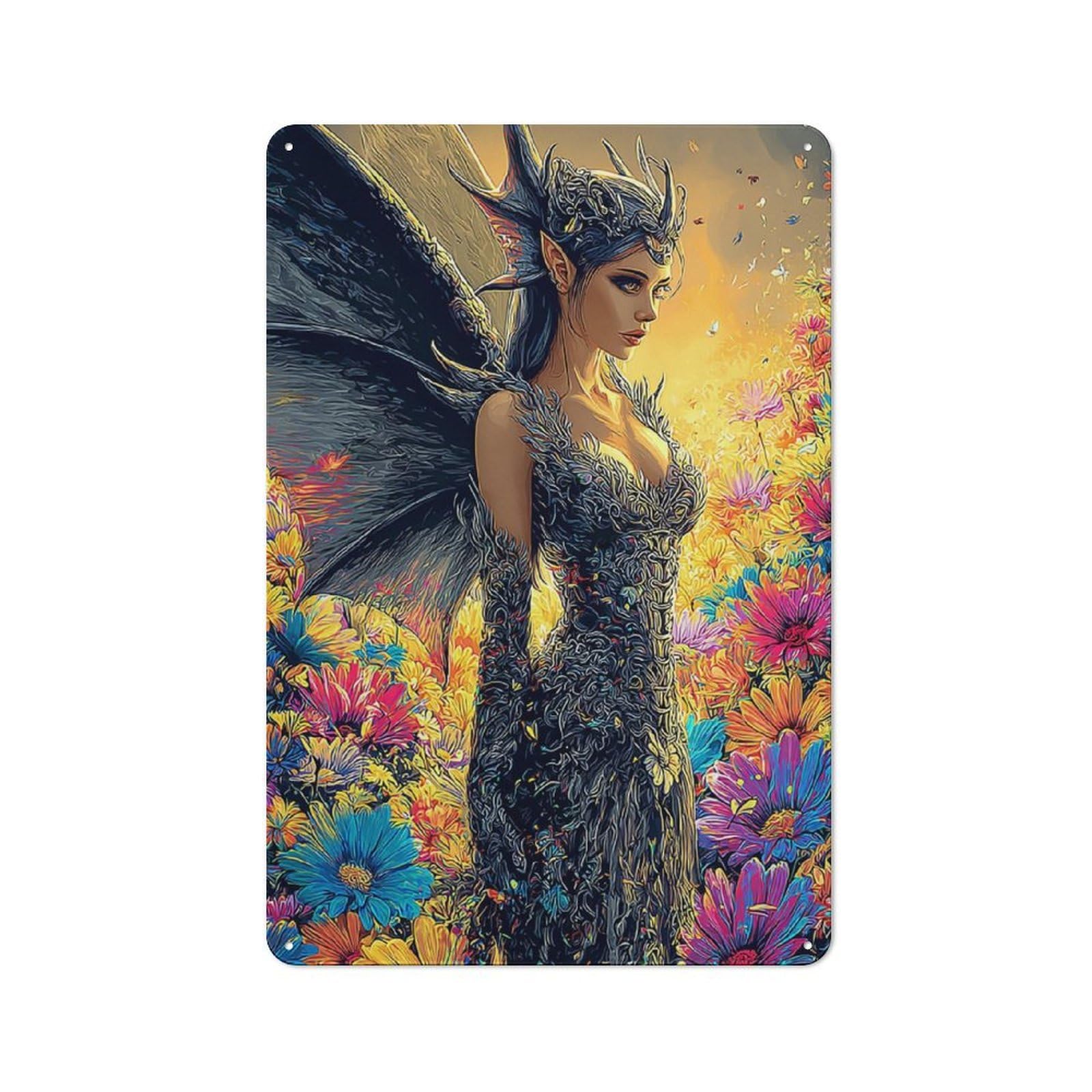 Junmoney Fantasy Winged Figure Amidst Flowers Smart Metal Wall Decor 30X20cm, Office Metal Sign For Office, Study, Studio Or Hallway