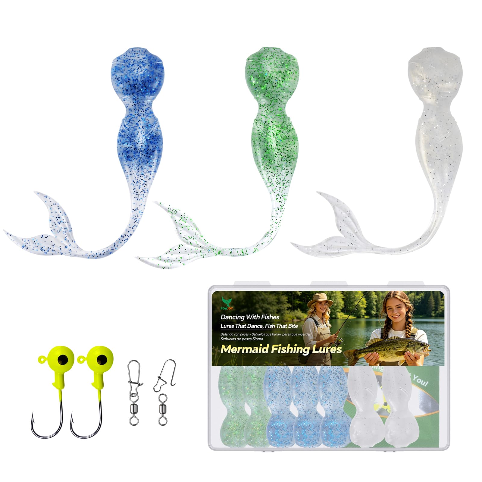 5.2" Large Mermaid Fishing Lures Kit, Soft Plastic Baits with Jig Heads & Swivels with ansp, Ultra-Thin Tail Realistic Bionic Fishing Baits with Glitter for Bass Trout Musky in Freshwater Saltwater