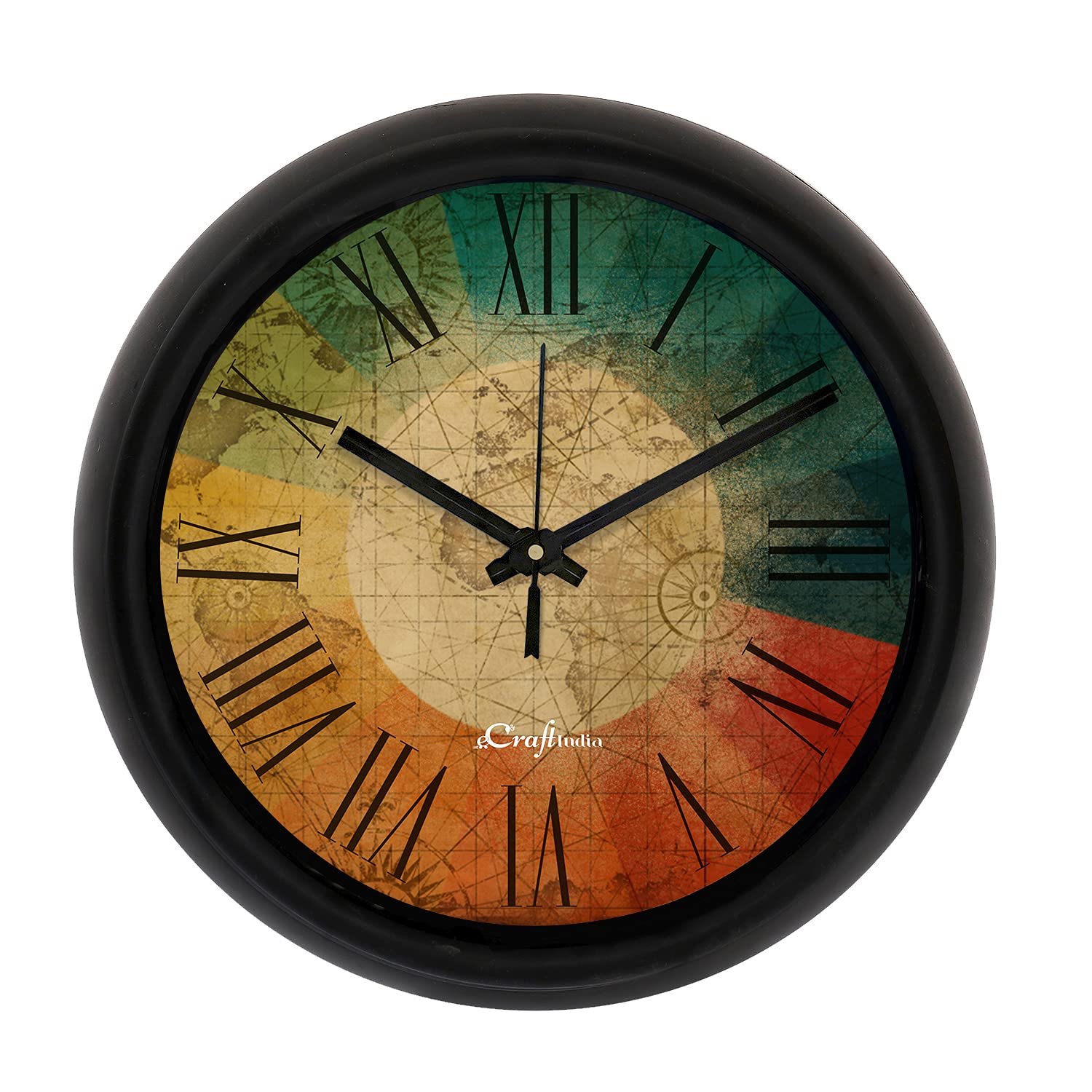 eCraftIndiaWorld Map Designer Round Analog Black Wall Clock, Multicolour, One Size (PWCCDBL861)