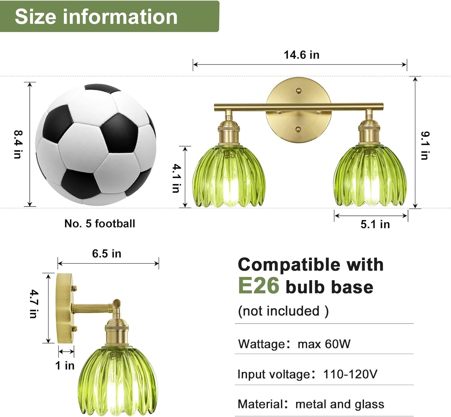 Vintage Bathroom Light Fixtures,2-Light Hardwired Vanity Lights with Green Tulip Glass Shade,Gold Bathroom Vanity Light for Mirror Restroom,E26 Socket,14.57 in(Bulbs Not Included)