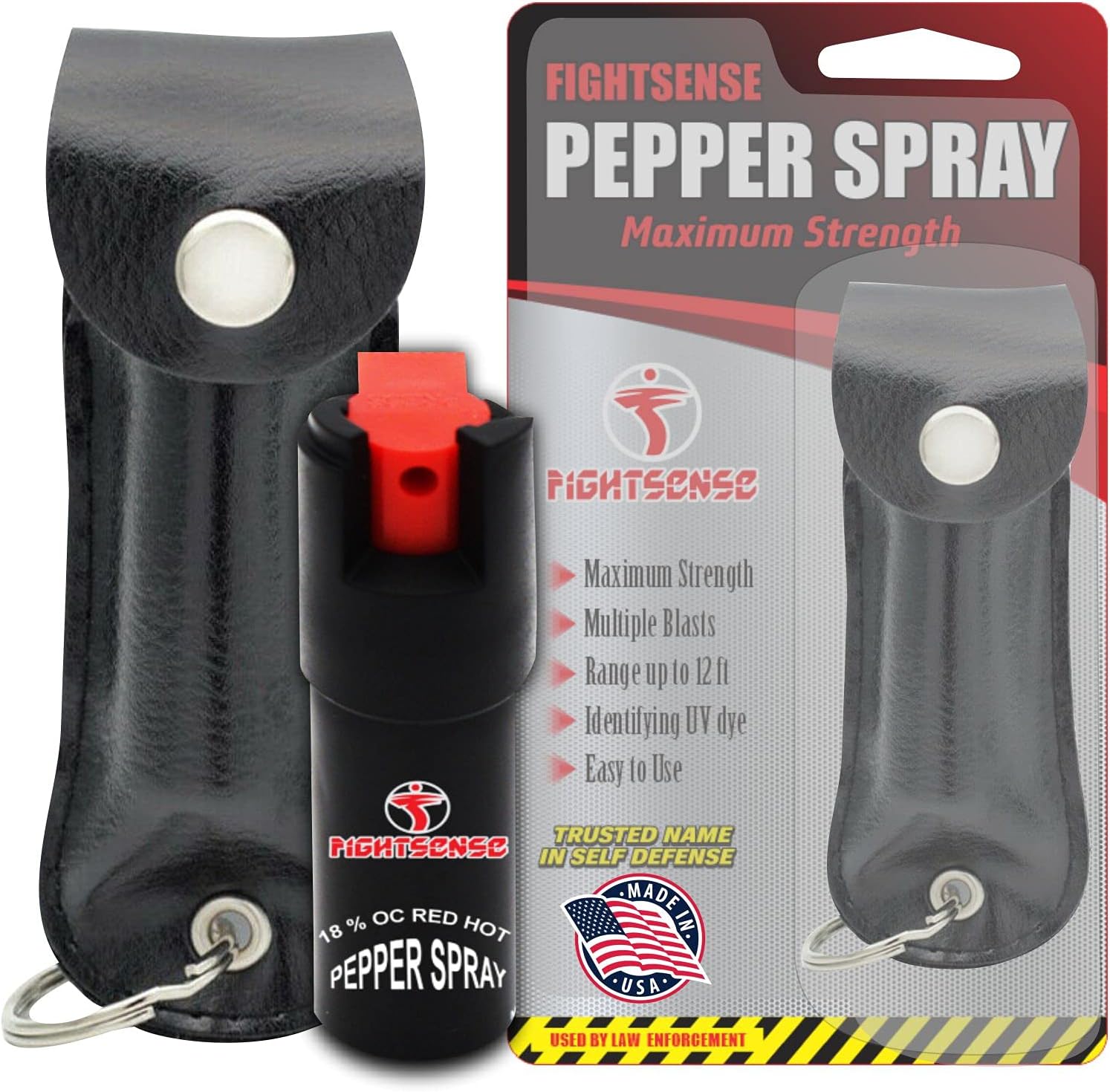 FIGHTSENSE Pepper Spray Maximum Strength Leather Case Self Defense Security (Black)