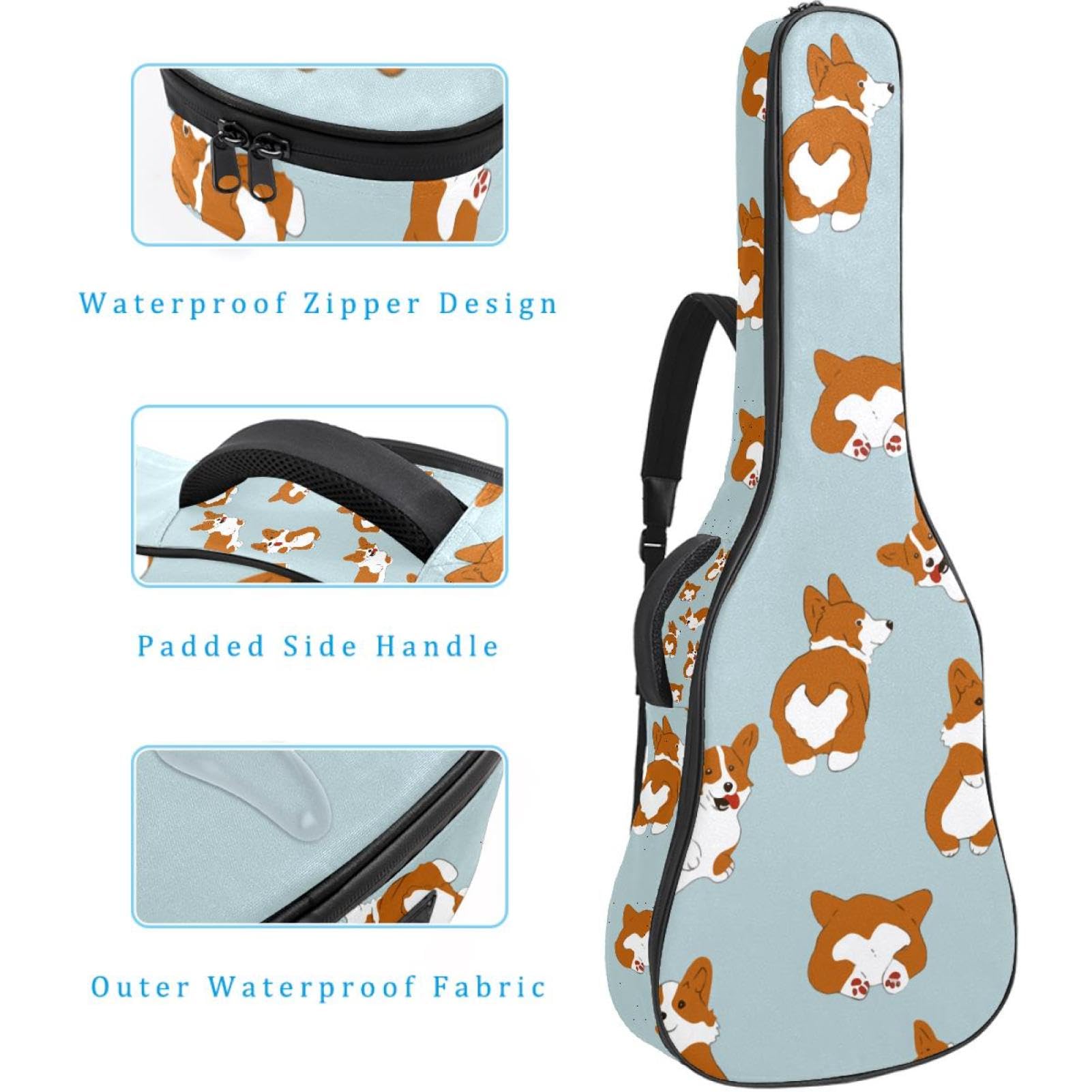 Torba na gitarę akustyczną Wodoodporny plecak na gitarę Gruby miękki wyściełany Corgi Klasyczna obudowa na gitarę, wielobarwny, 42.9x16.9x4.7 in, Organizer do torby
