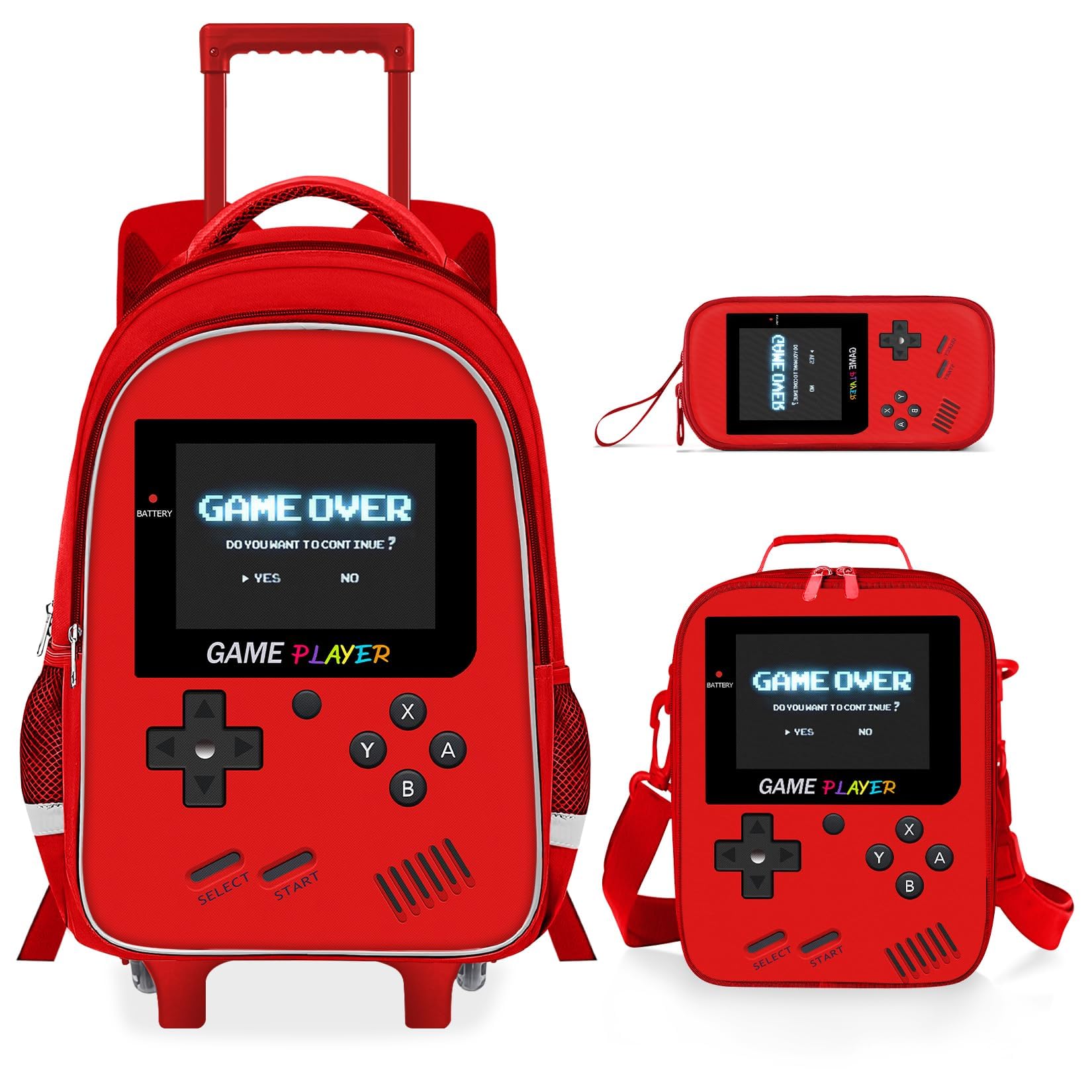 ZHIMEBYE Kids Rolling Backpack for Boys - 3PCS Gamer Boys Rolling Backpack with Lunch Bag Set, Elementary Middle School Roller Bookbag with Adjustable