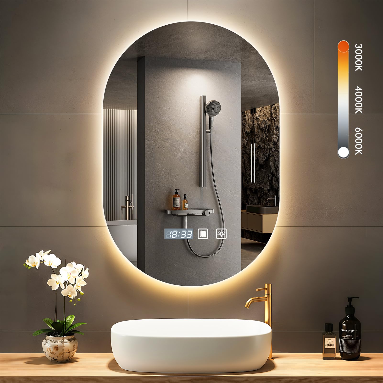 Worshow Bathroom Mirror with LED Lights, 75*50cm LED Illuminated Mirror with Anti-Fog, Wall Mounted Vanity Mirrors - 3 Color Dimmable,Touch Control,Memory,HD Tempered Glass,IP44 Make Up Backlit Mirror