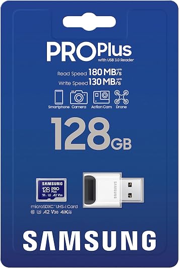 SAMSUNG PRO Plus microSD Memory Card + Reader, 128GB MicroSDXC, Up to 180 MB/s, Full HD & 4K UHD, UHS-I, C10, U3, V30, A2 for Android Phones, Tablets, GoPRO, DJI Drone, MB-MD128SB/AM, 2023
