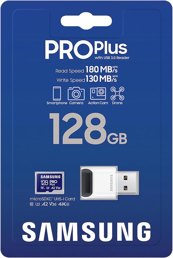 SAMSUNG PRO Plus microSD Memory Card + Reader, 128GB MicroSDXC, Up to 180 MB/s, Full HD & 4K UHD, UHS-I, C10, U3, V30, A2 for Android Phones, Tablets, GoPRO, DJI Drone, MB-MD128SB/AM, 2023