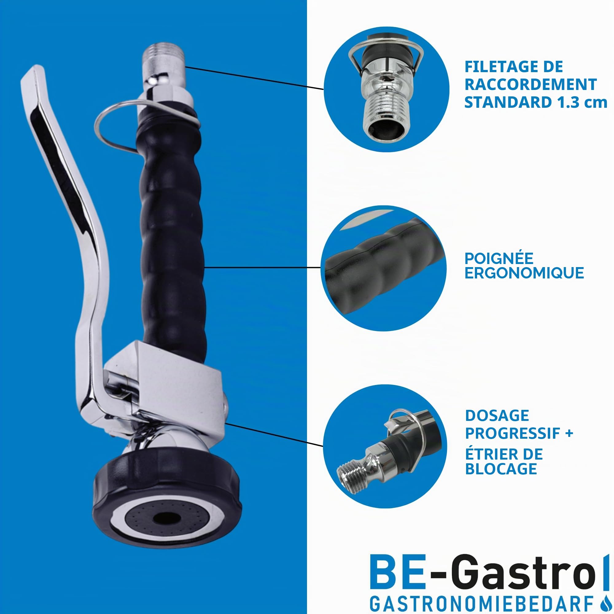 BE-GASTRO | Douchette à main professionnelle pour la restauration - Noir et bleu - Avec étrier de blocage, robinet industriel, douchette industriel - Douchette de rechange en acier inoxydable