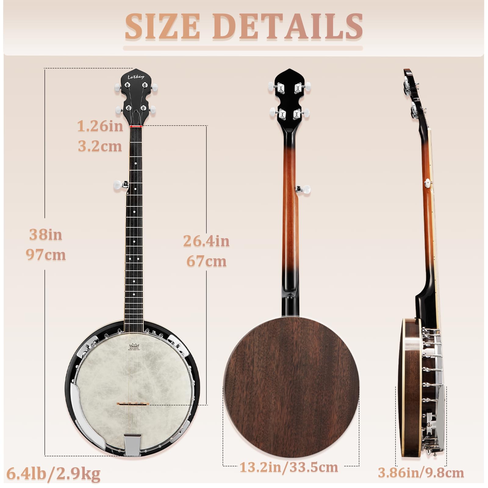 Amazon.com: Lotkey 38-Inch 5 String Banjo, Remo Drum Head