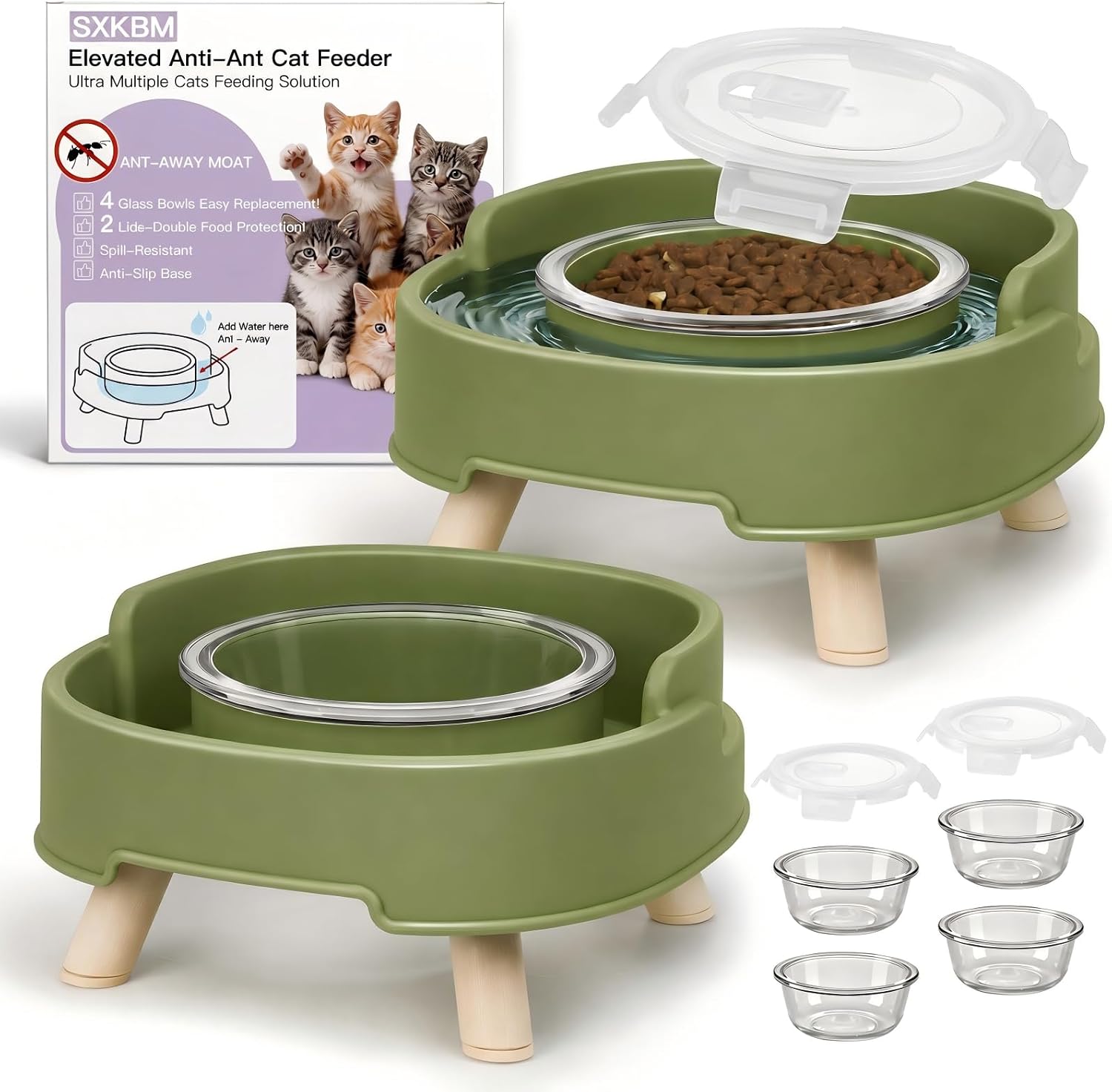 2 Pack Ant Not Cross Elevated Cat Bowls - 4 Food Grade Glass Bowls & 2 Lids - Cat Food and Water Feeding Bowl for Cats&Kittens&Puppy Indoor & Outdoor,Whisker Fatigue Dish,Avocado Green