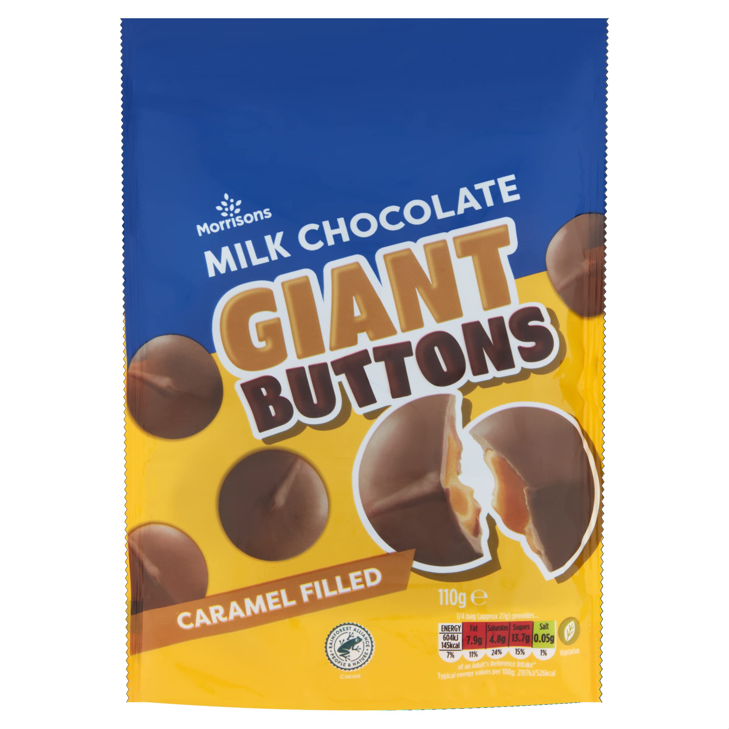 Morrisons Milk Chocolate Giant Buttons Caramel Filled 110gRainforest AllianceRainforest AllianceRainforest AllianceRainforest Alliance